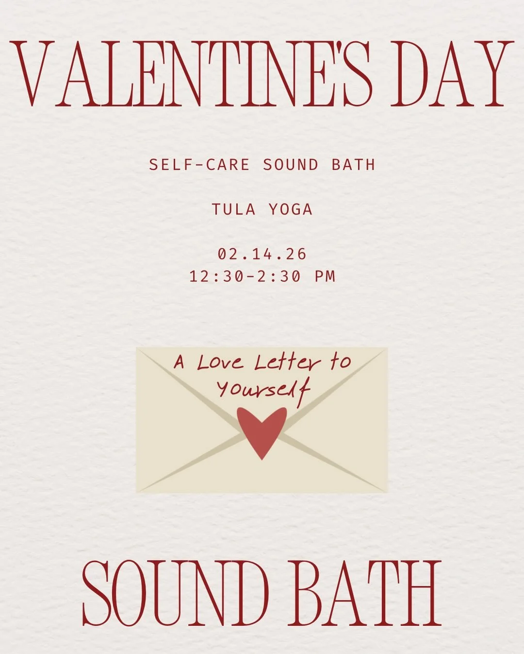 This Valentine&rsquo;s Day, give yourself permission to slow down, soften, and receive.  Join me for a heart-opening Self-Care Sound Bath &amp; Yoga Journey:  a two hour workshop designed to nurture your body, calm your mind, and reconnect you with y