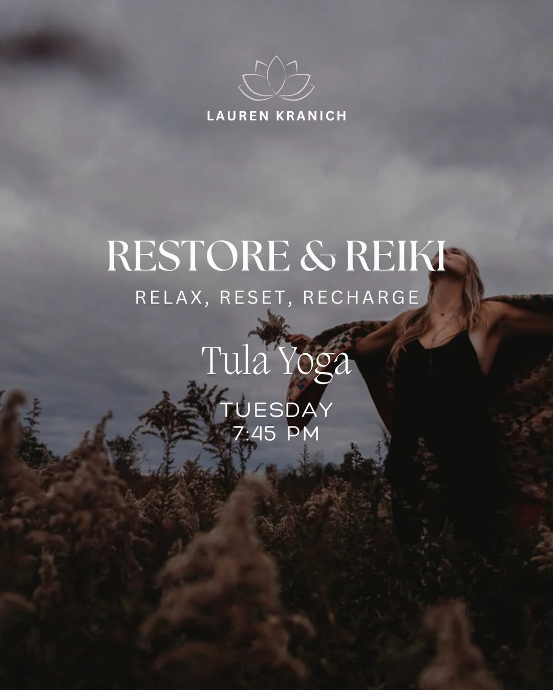 Join me every Tuesday at 7:45 pm for Restore &amp; Reiki, a deeply nourishing yoga experience designed to help you relax, reset, and recharge.

This 75-minute restorative class features long-held, fully supported postures using props to encourage dee