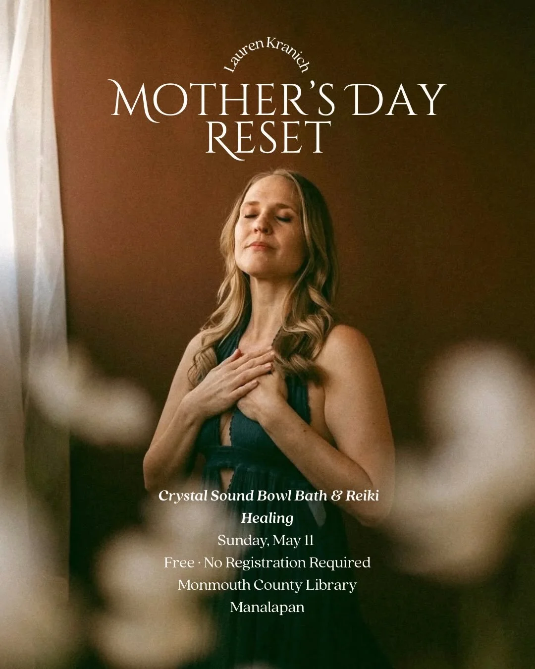 Mother&rsquo;s Day Crystal Sound Bowl Bath + Reiki Healing 
hosted by Monmouth County Library, Manalapan

Celebrate Mother&rsquo;s Day with a deeply nourishing experience of rest, relaxation, and self-care.

Join me for a peaceful, immersive session 