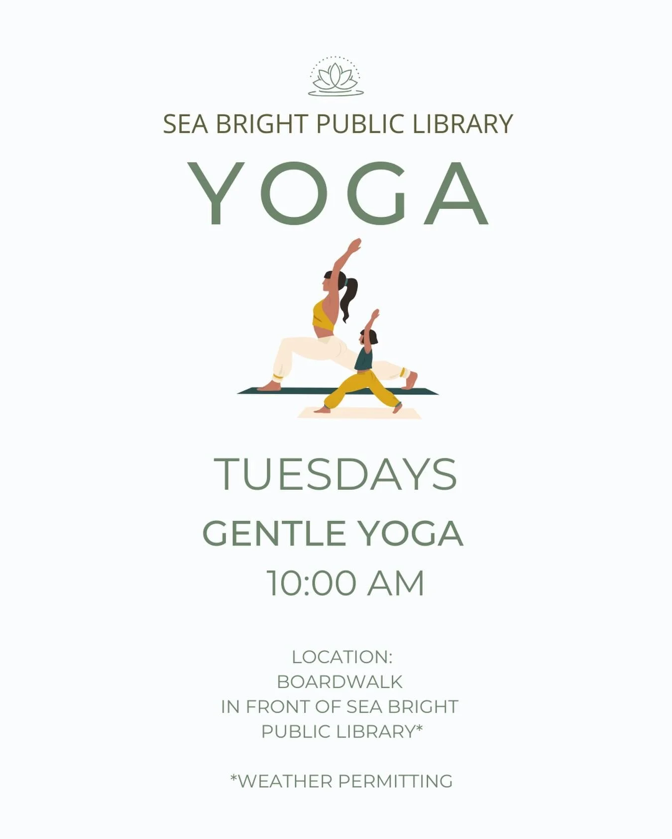 Sea Bright Public Library Gentle Yoga is moving outdoors for June!

Beginning tomorrow, we&rsquo;ll meet at 10:00 AM on the boardwalk in front of the library, weather permitting. If temperatures are in the low 60s or it&rsquo;s raining, class will co