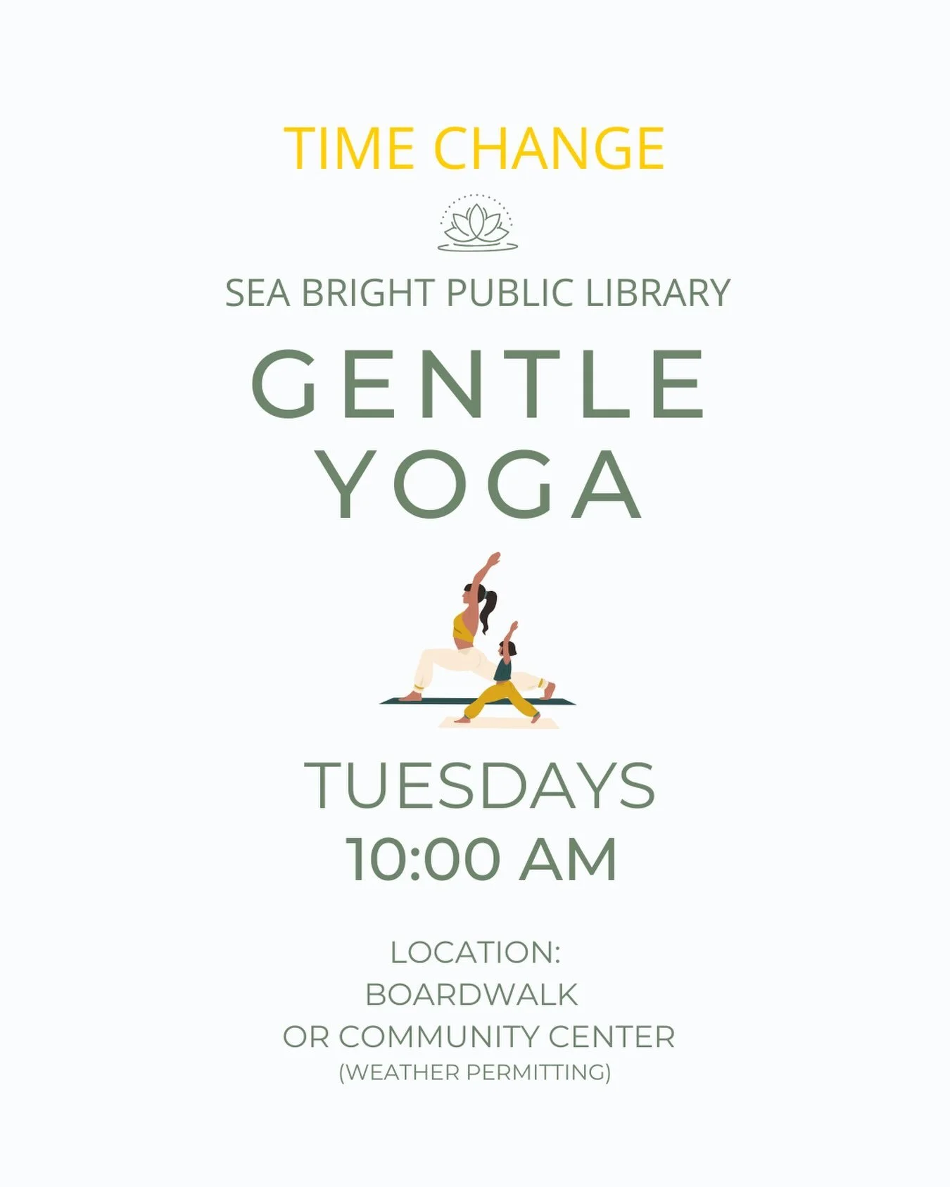 Gentle Yoga at the Sea Bright Public Library is returning to our regular 10:00 AM class time.

Join me Tuesdays at 10:00 AM for a gentle, grounding practice designed to help you move, breathe, and connect.

Weather permitting, we&rsquo;ll continue me