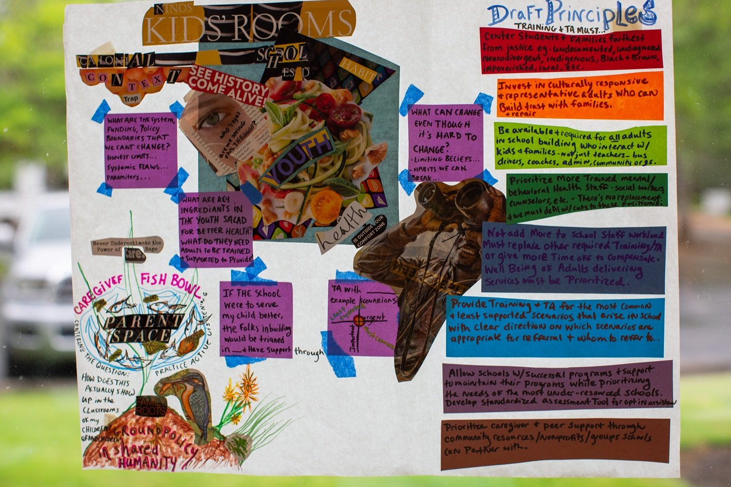 A colorful collage of cut-out words, phrases, and handwritten notes about youth, schools, caregiving, and systemic change.