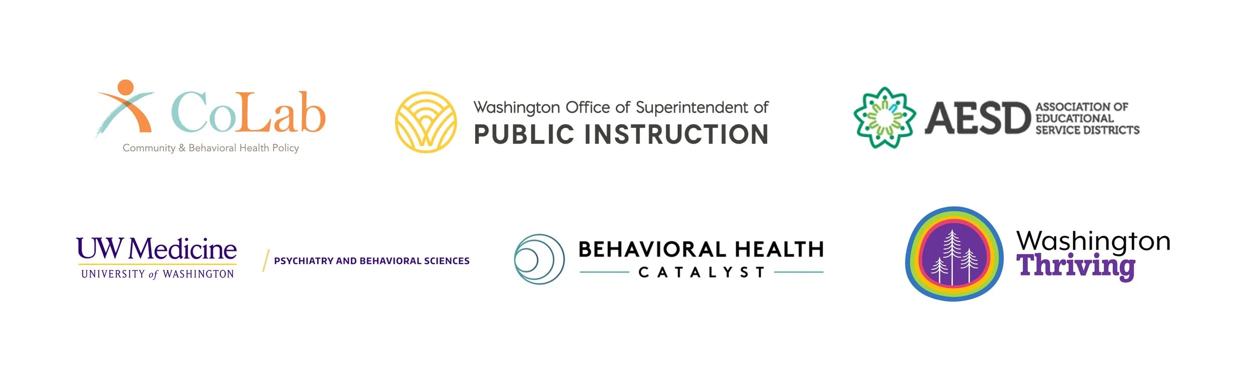 A block of six partner logos arranged in two rows. Logos include: CoLab, OSPI, AESD, UW Medicine Department of Psychiatry and Behavioral Sciences, Behavioral Health Catalyst, and Washington Thriving.