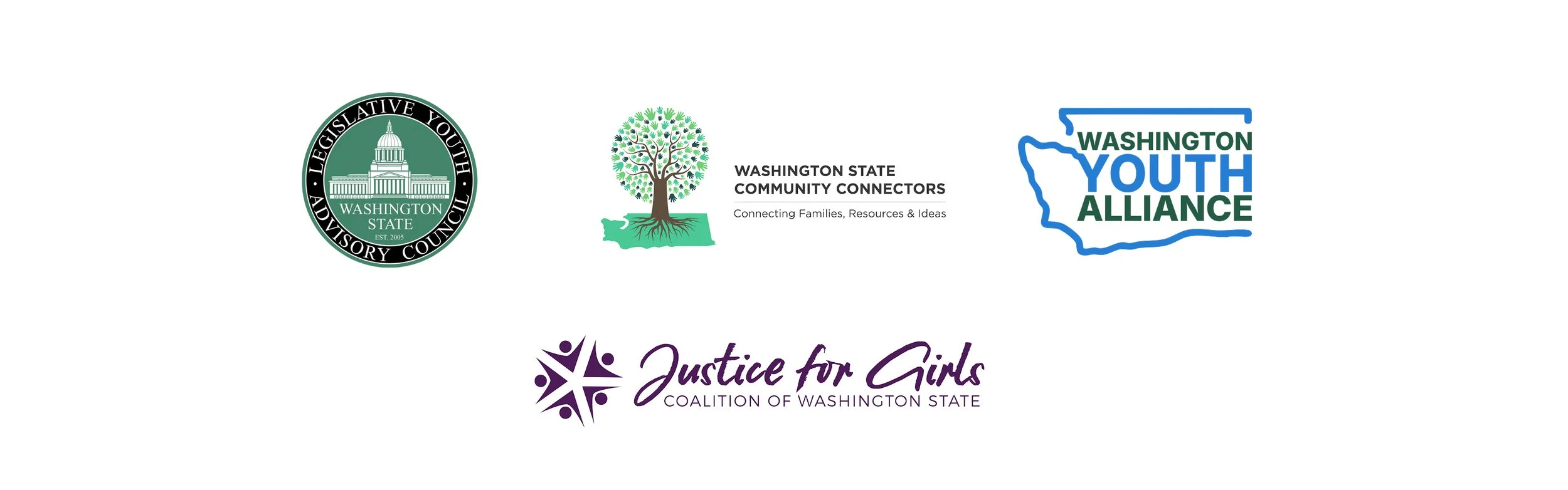 A block of four partner logos arranged in two rows. Logos include Washington State Legislative Youth Advisory Council, Washington State Community Connectors, Washington Youth Alliance, and Justice for Girls.