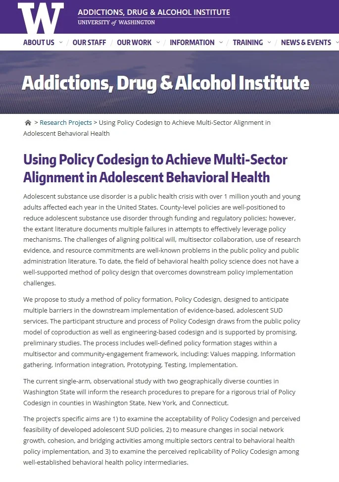 Front cover of the article, “Using Policy Codesign to Achieve Multi-Sector Alignment in Adolescent Behavioral Health”. Article is displayed in the UW website under theAddictions, Drug & Alcohol Institute.
