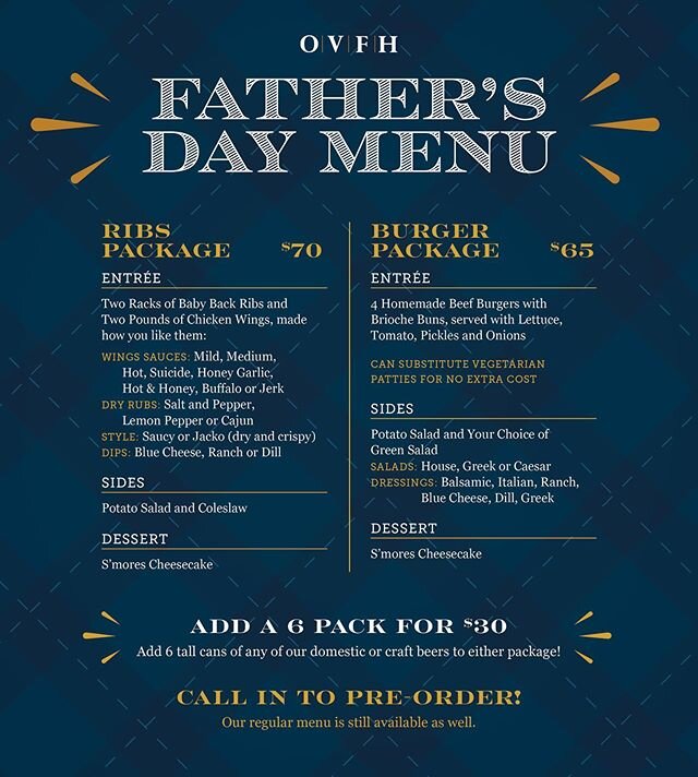 Pre-order your Father&rsquo;s Day meal now! ✨We&rsquo;re offering two different packages this year, with a special homemade dessert! And add a 6 pack of any domestic or craft beer for only $30! 🍻