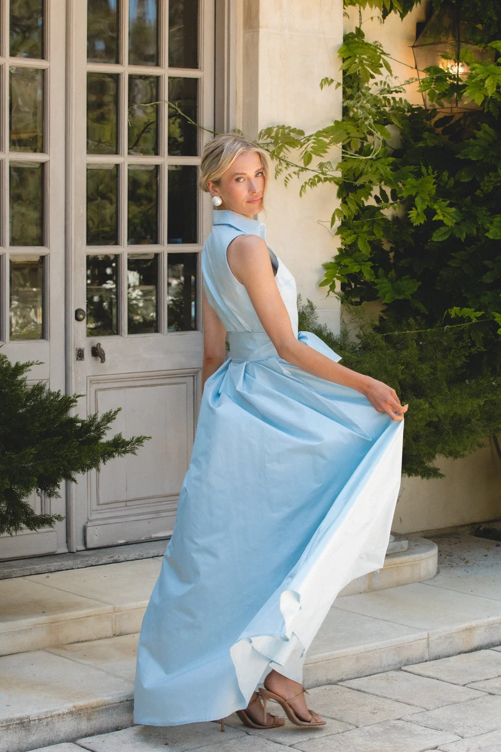 light blue dress with white collar Light Blue Crepe Couture Mini Dress