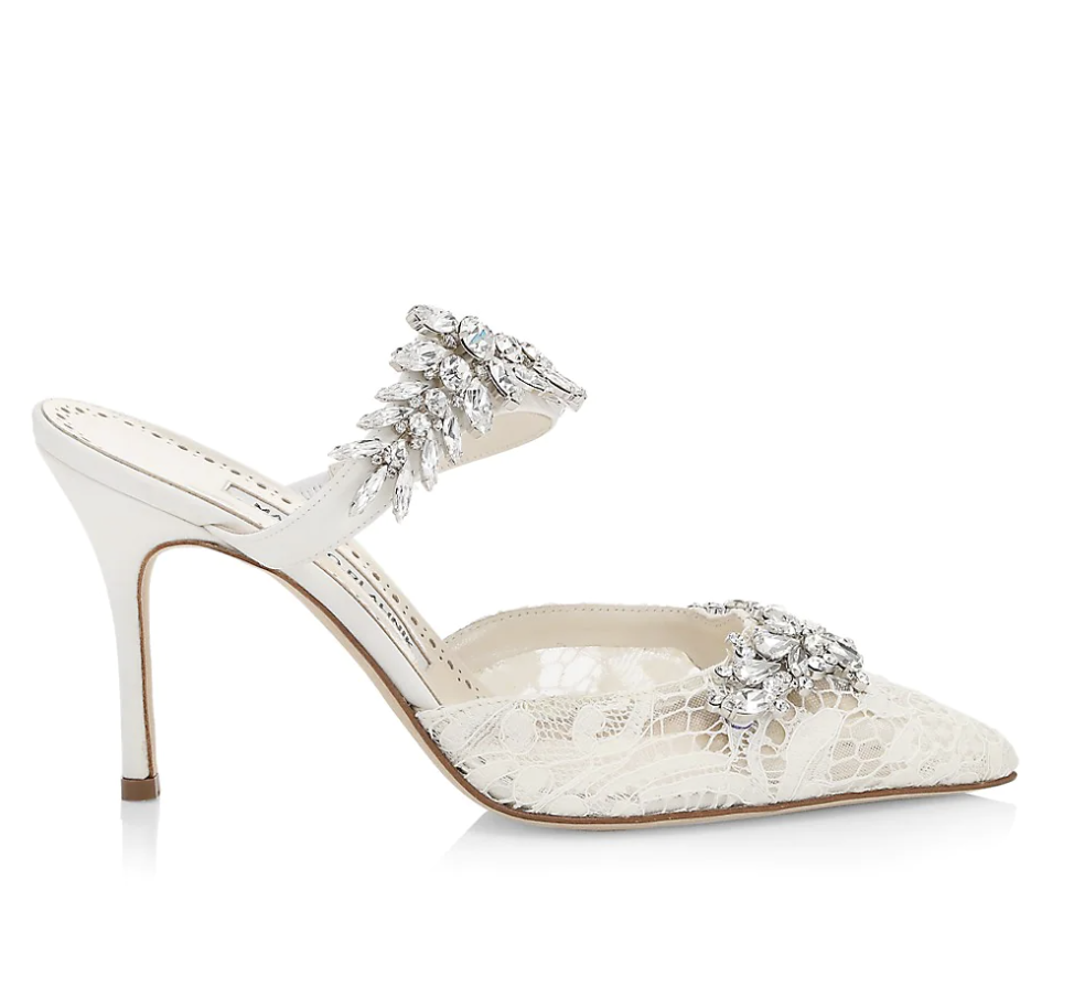 Manolo Blahnik - Embellished Lace High-Heel Mules
