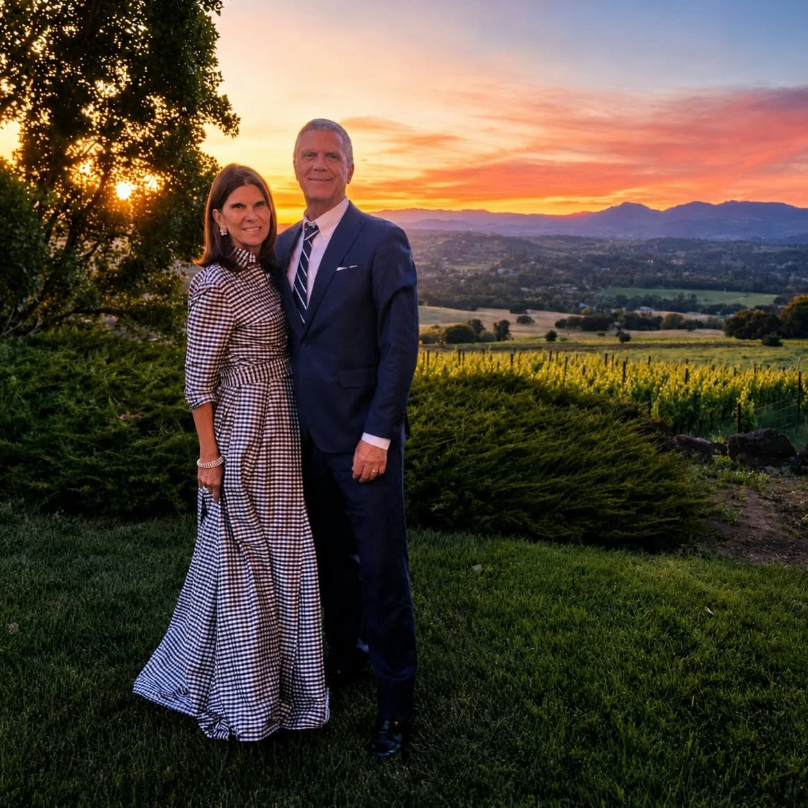 LE spotting at a wedding in wine country!

@raineyhanley wearing our classic collar gown in navy gingham. gorgeous gown for a gorgeous backdrop! #LucianaEmilia