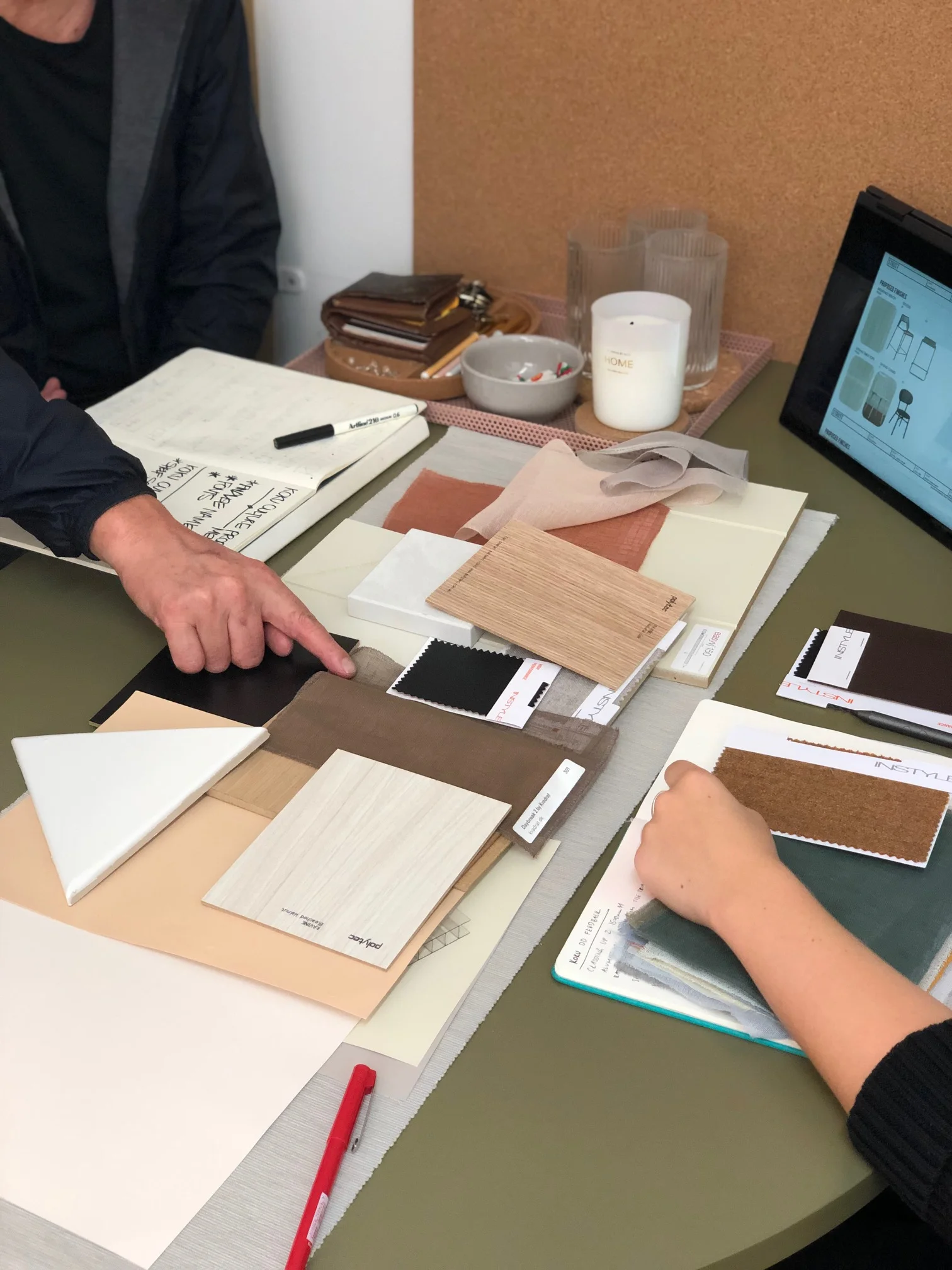 FF&E selection meeting during Design Development Phase discussing which stone is best suited.