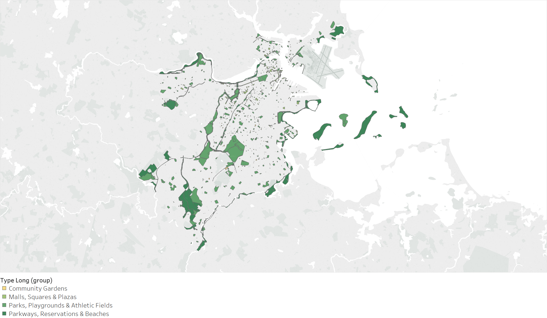 Tableau Map of Community Gardens, Parks, Plazas, Open Spaces in Boston.