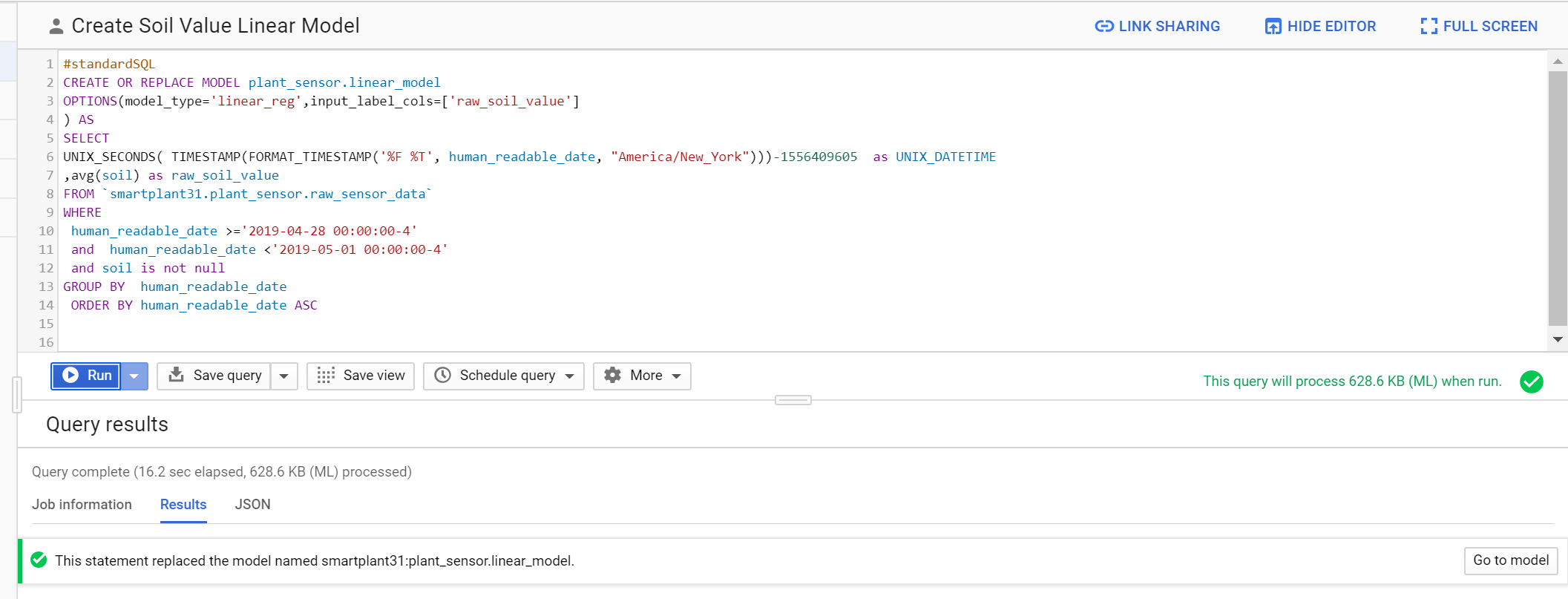 Creating the Linear Regression Model in BigQuery
