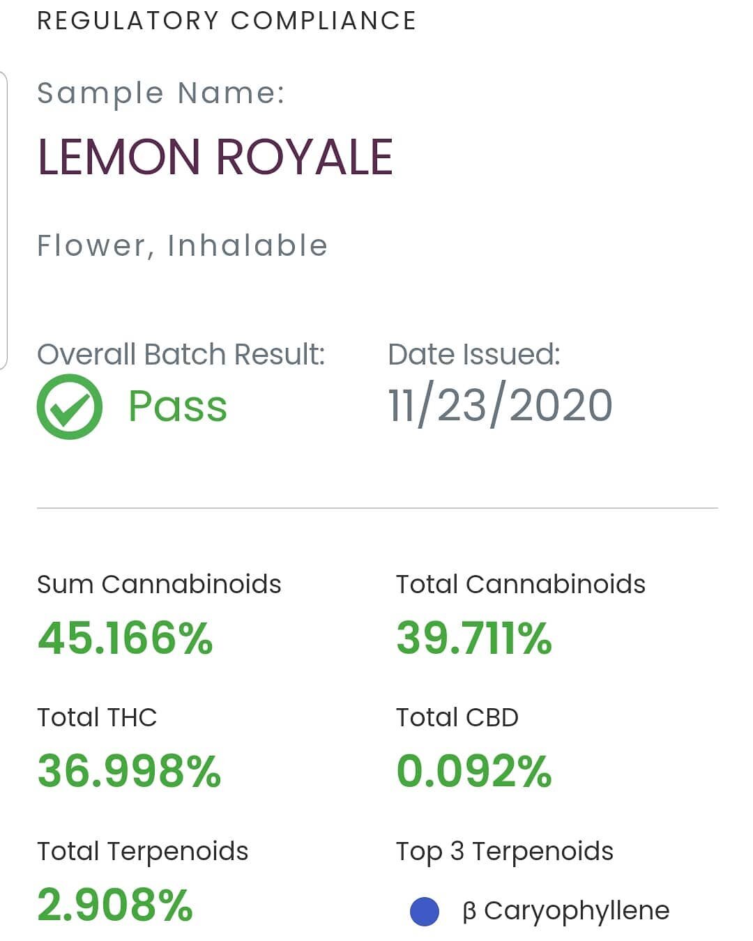 Huge shout out to the crew! This is out selection of Lemon Royale from @swampboysseeds. 45% cannabinoids and 2.9% terpene!! This is our highest tester to date. Look for the fresh drop soon!! @satoriwellness__