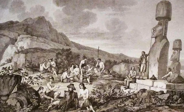 French visitors examine moai while the islanders "steal" items of clothing in 'Voyage de la Perouse autour du Monde'. Europeans did not understand Rapanui customs when trading items and interpreted the Rapanui behaviour as theft. 