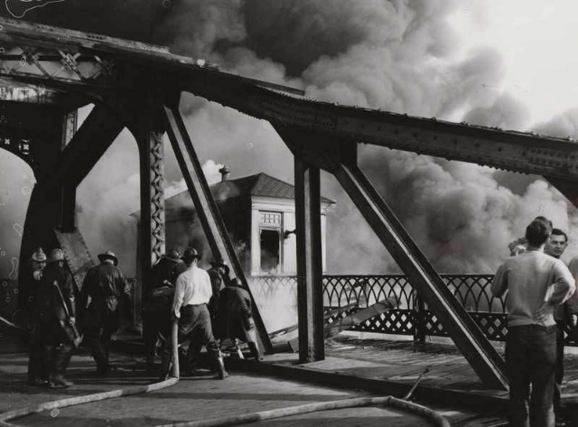 1952 Cuyahoga River fire. Photo courtesy of Cleveland State Library Special Collections via Cleveland Historical.