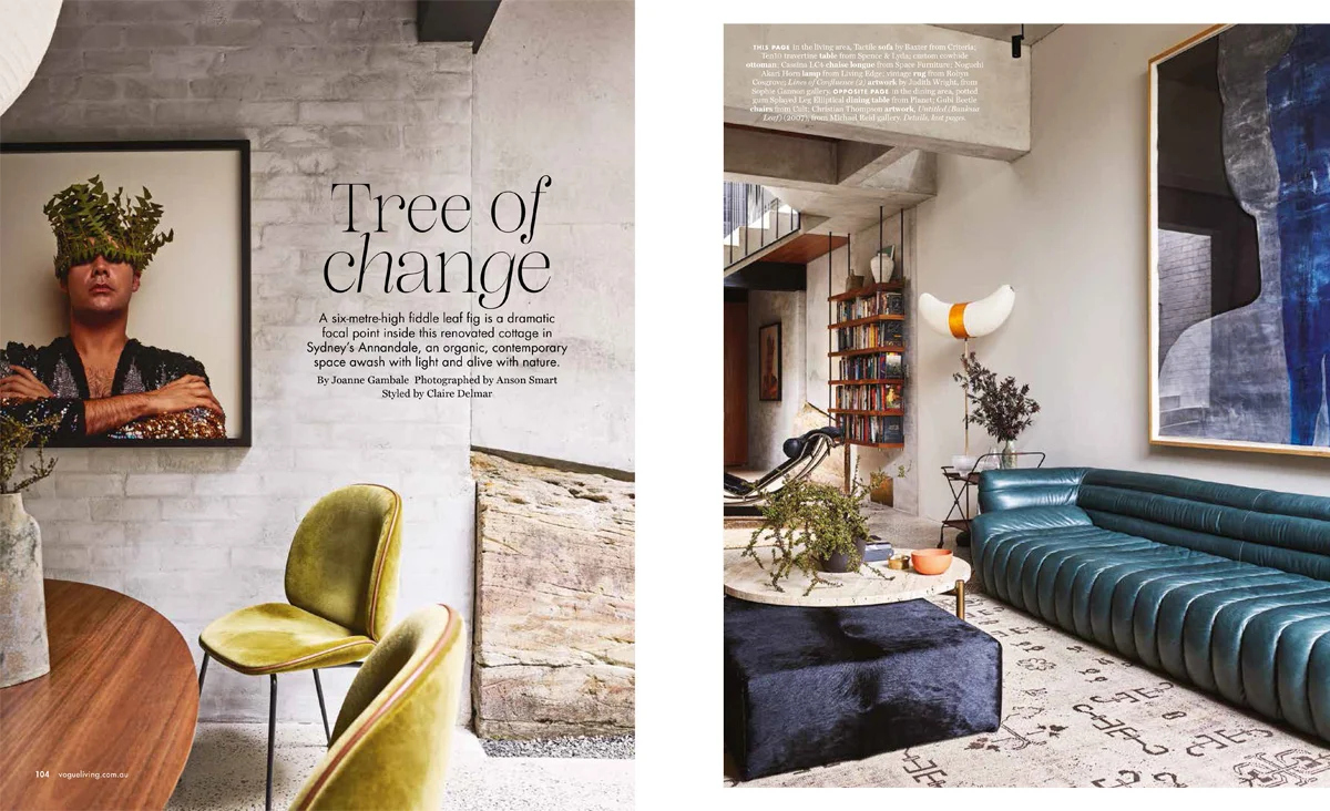 Styling the finishing touches to a home with so much personality. Textured walls, sky high ceiling voids and rich colours throughout allowed us to integrate organic shaped ceramics, glassware and sculptural branches on tables, window sills and across industrial hanging shelves completing the inner city family home for the Vogue Living May/June 2019 issue. Architect Welsh + Major , Interiors – Furniture/Object/Art Arent & Pyke , Photographer Anson Smart , Words Joanna Gambale