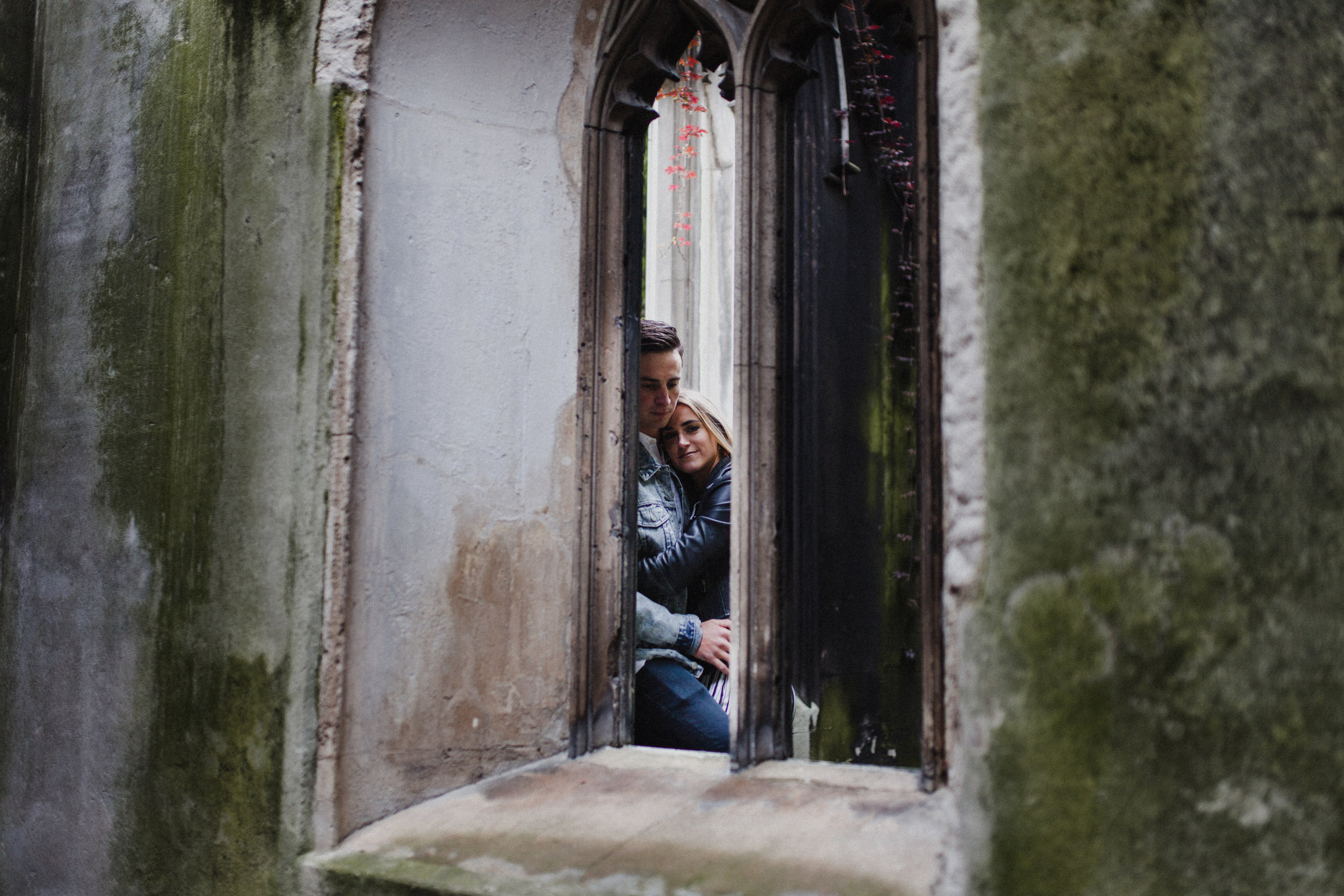 A portrait through a window in the ruins of St Dunstan-in-the-East, which is now a public garden.