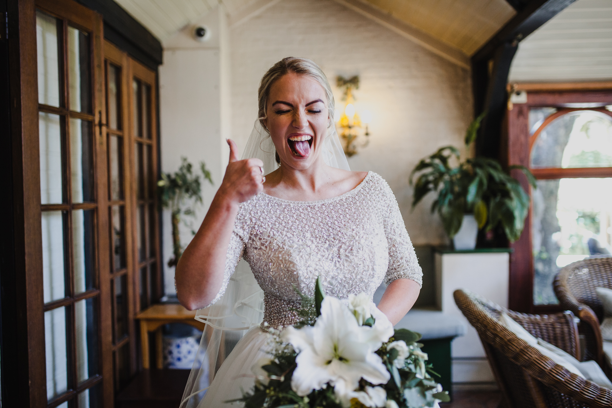 Bride pulling a fun face before the wedding