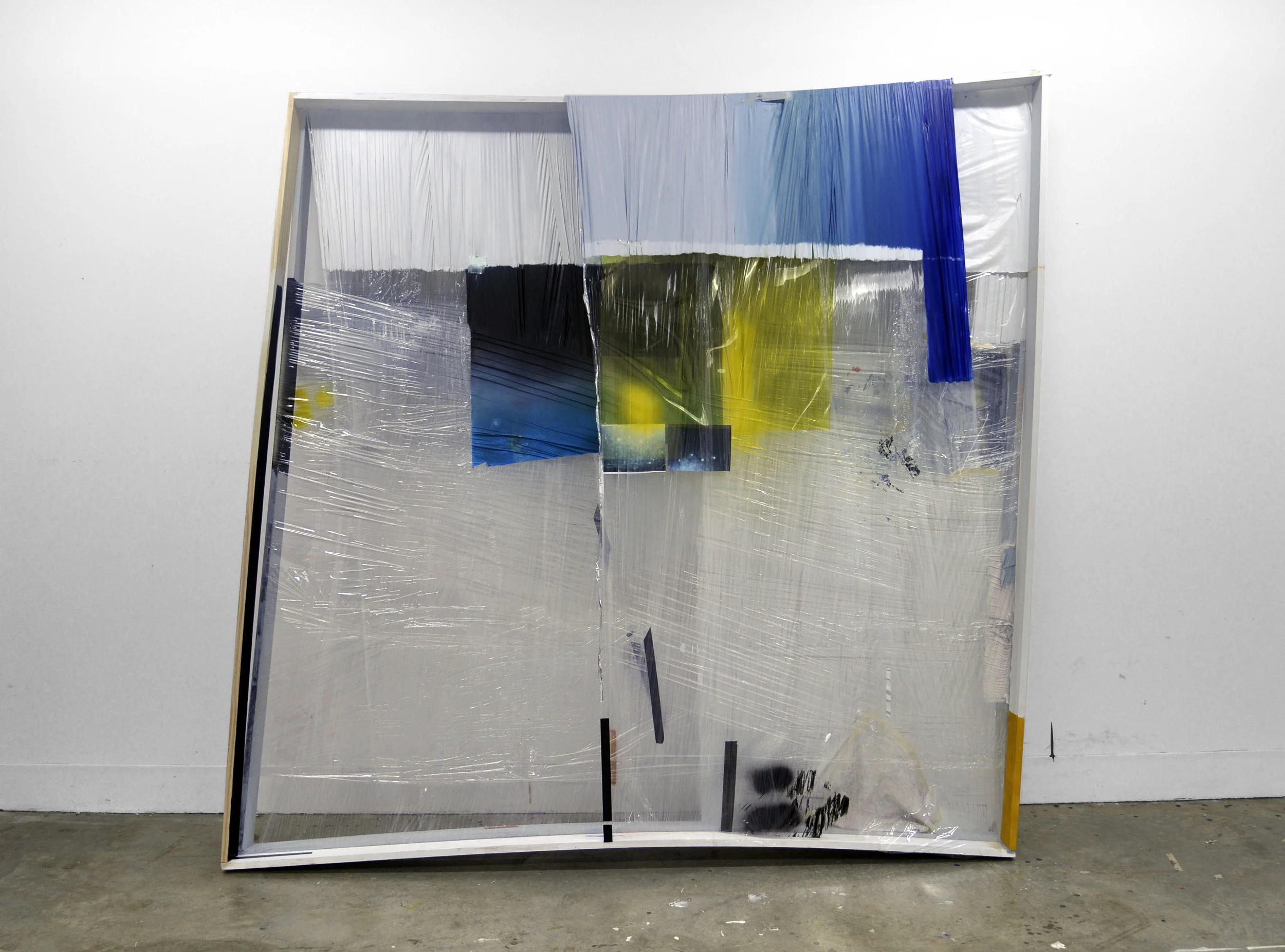 Untitled , 2010 oil, plastic wrap, wood, tape, digital prints 96 x 96”