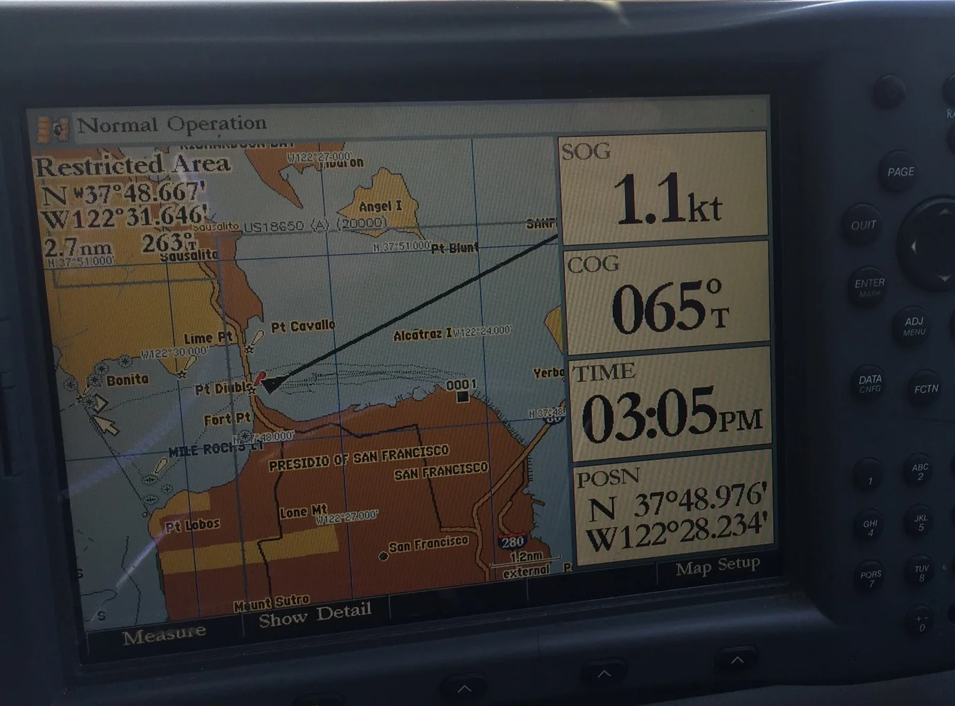 Our speed in neutral was 1.1 knots, indicating the speed of the current.