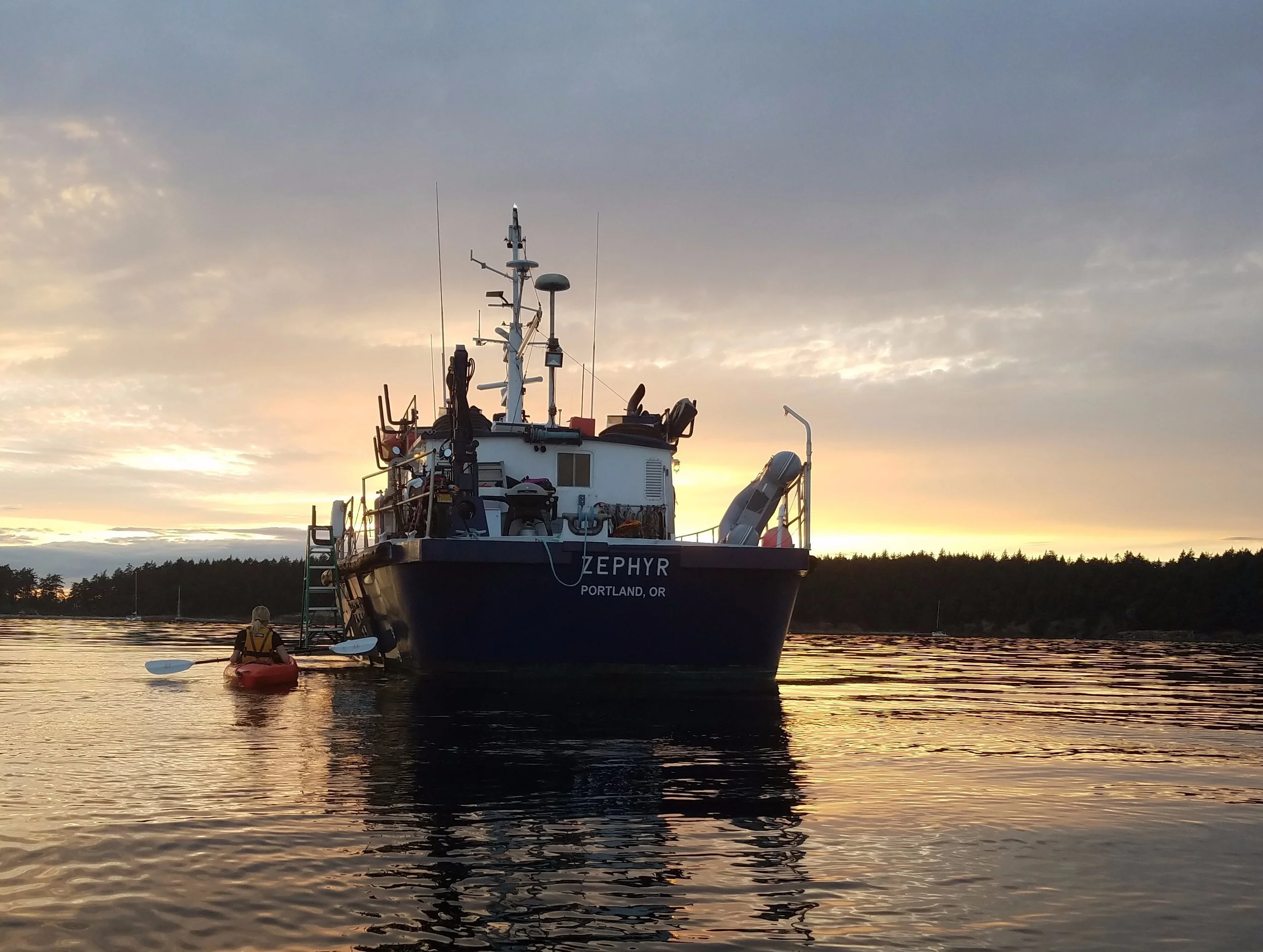 R/V Zephyr at sunset on Sucia Island.