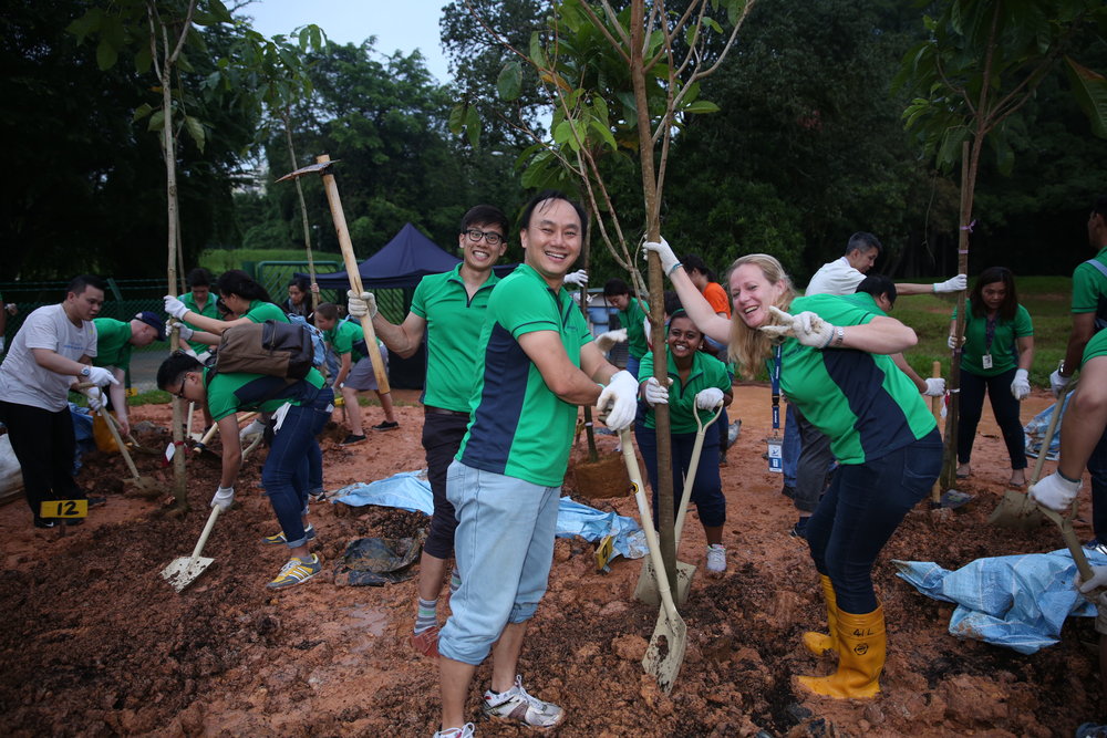 AkzoNobel staff planting 51 trees in total as a celebration of Singapore's 51st birthday.