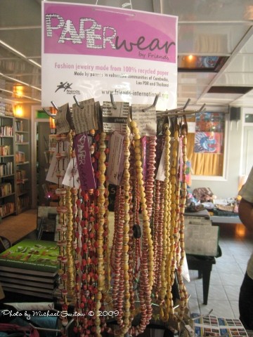 Friends' retail store is at 215 Street 13 in Phnom Penh. Many products – like these necklaces – are made from recycled items.