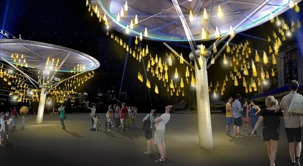 Chandelier of Spirits at i Light Marina Bay 2018 reuses glass bottles in art installation. Image courtesy of Living Spirits.
