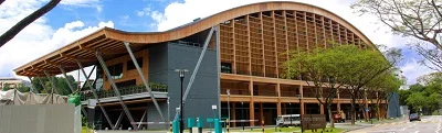 The Wave Sport Hall is already an iconic timber structure at NTU. Courtesy Binderholz Group