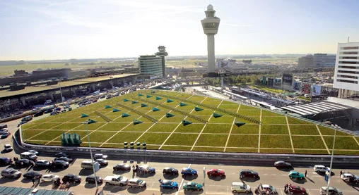 Schipol's Green Roof uses an innovative mix of vegetation and solar panels to help keep emissions down