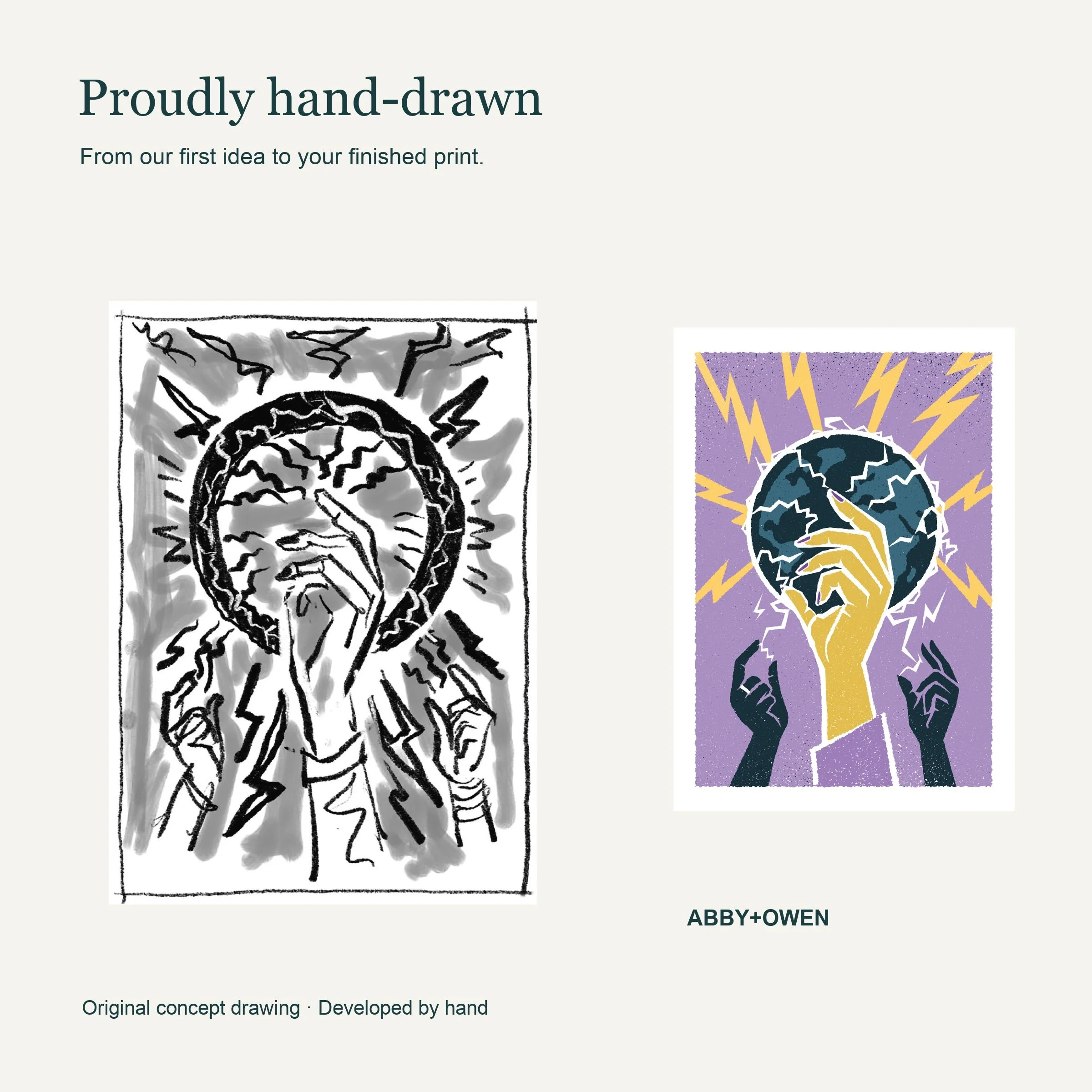 Original hand-drawn concept sketch beside the finished Who Holds It Now - Lightning & Globe Art Print illustration by Abby+Owen.