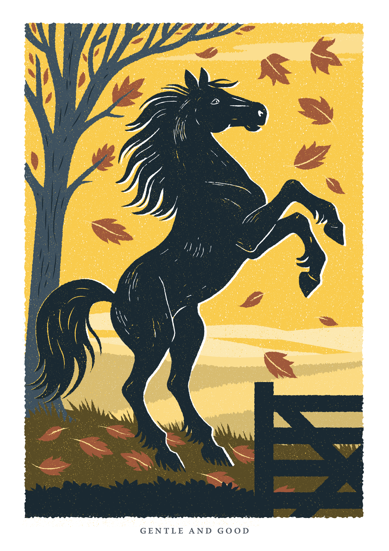 Culture House Sunderland, final literary artwork: a black horse beneath autumn leaves.