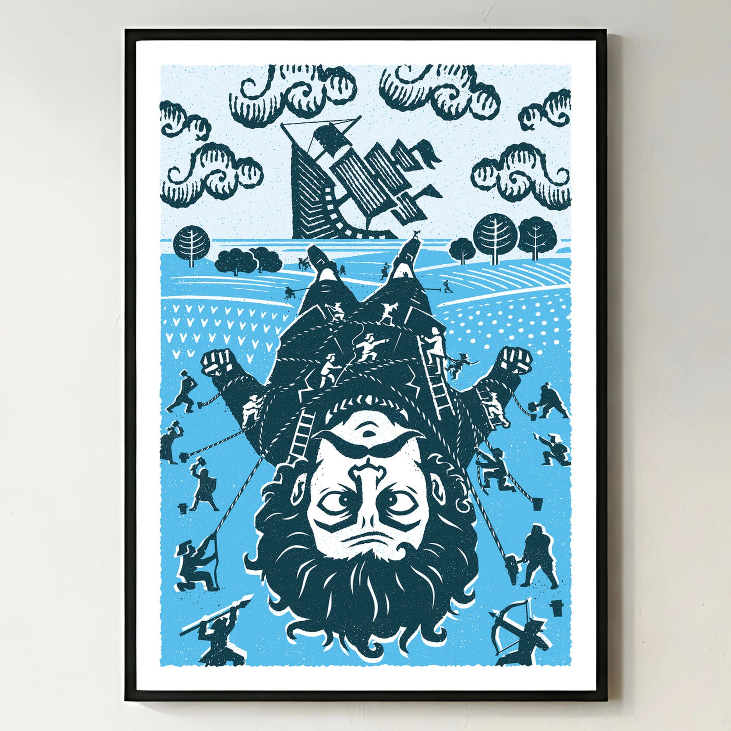 A Matter of Scale - Gulliver Art Print, shown in a black frame on a bright wall. Print supplied unframed.