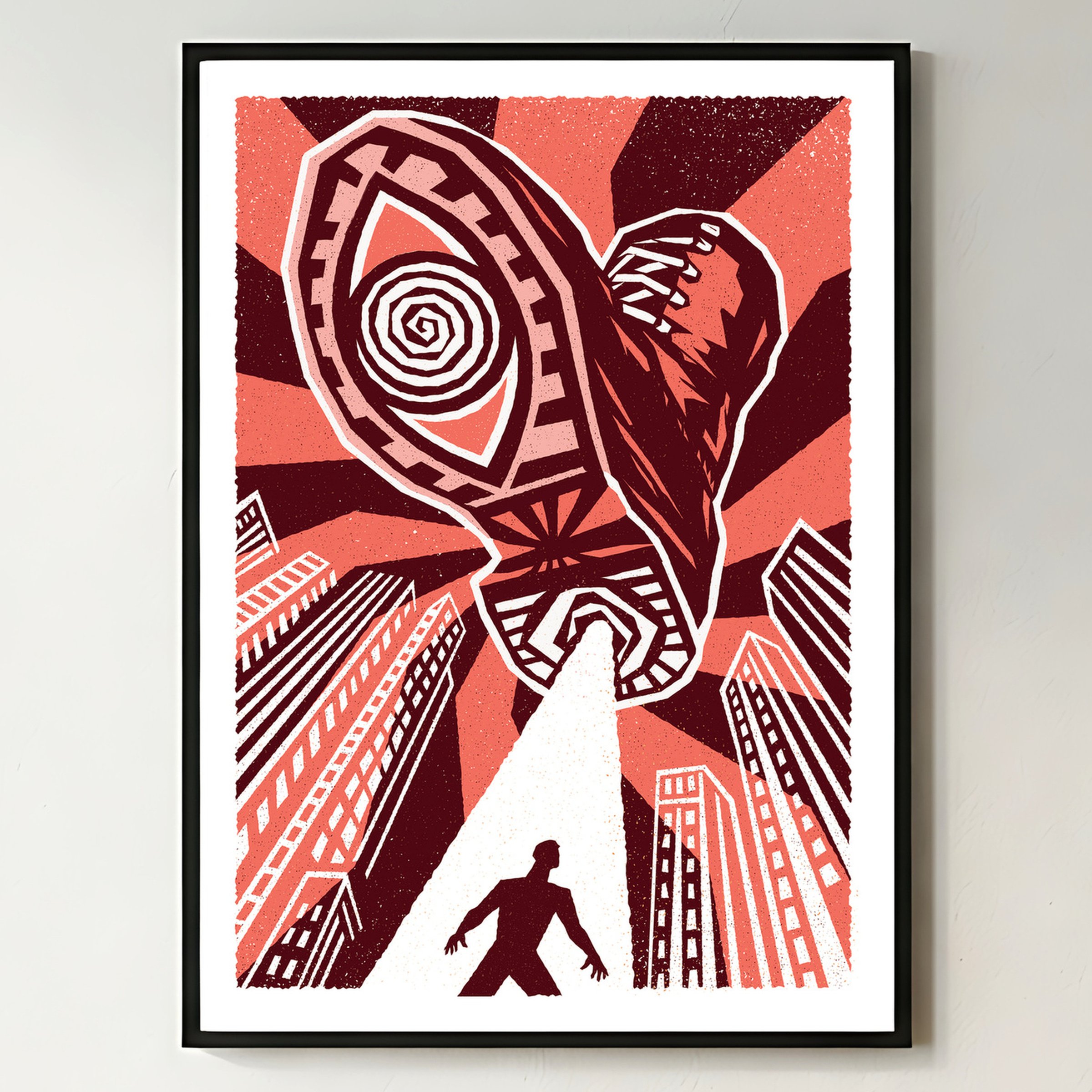 He’s Watching - Watchful Eye Art Print, shown in a black frame on a bright wall. Print supplied unframed.