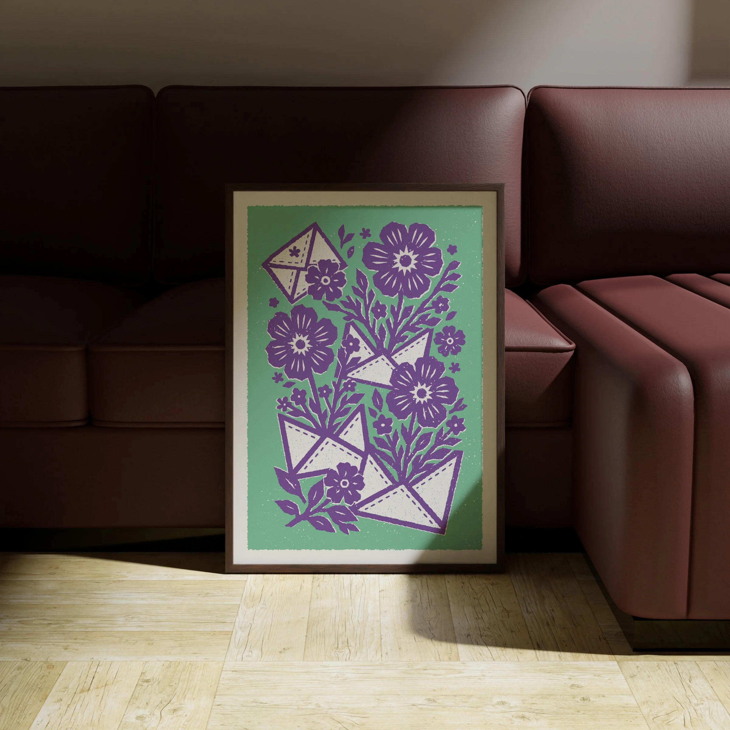 A Colour Worth Noticing - Flowers & Letters Art Print, shown in a dark frame above a warm sofa. Print supplied unframed.