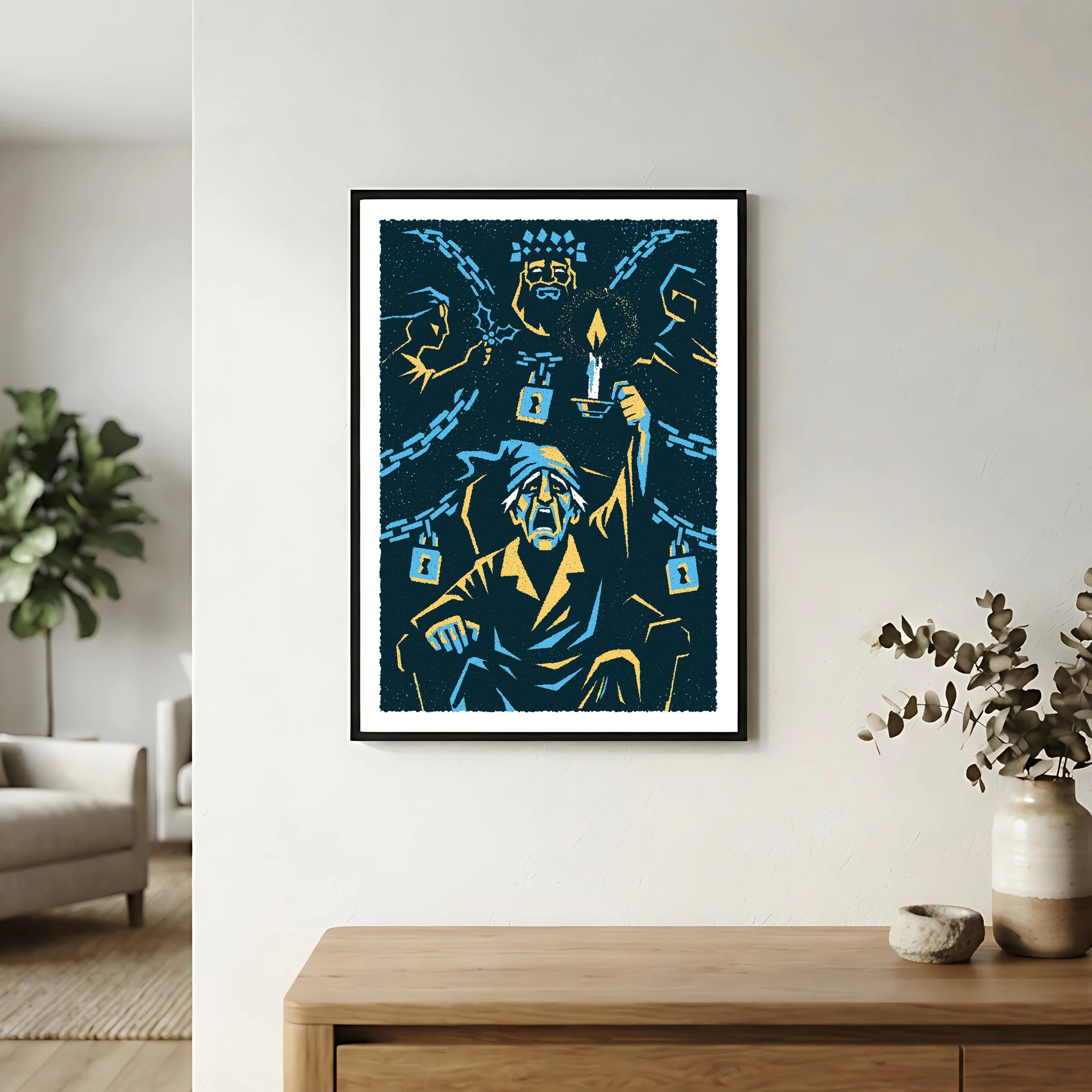 Bah Humbug - A Christmas Carol Art Print, shown in a black frame on a bright wall. Print supplied unframed.