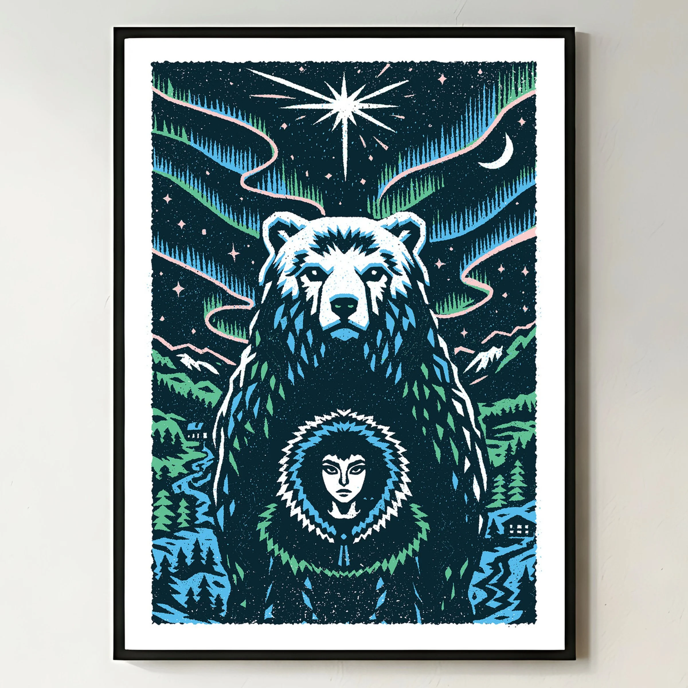 Between Worlds - Northern Bear Art Print, shown in a black frame on a bright wall. Print supplied unframed.