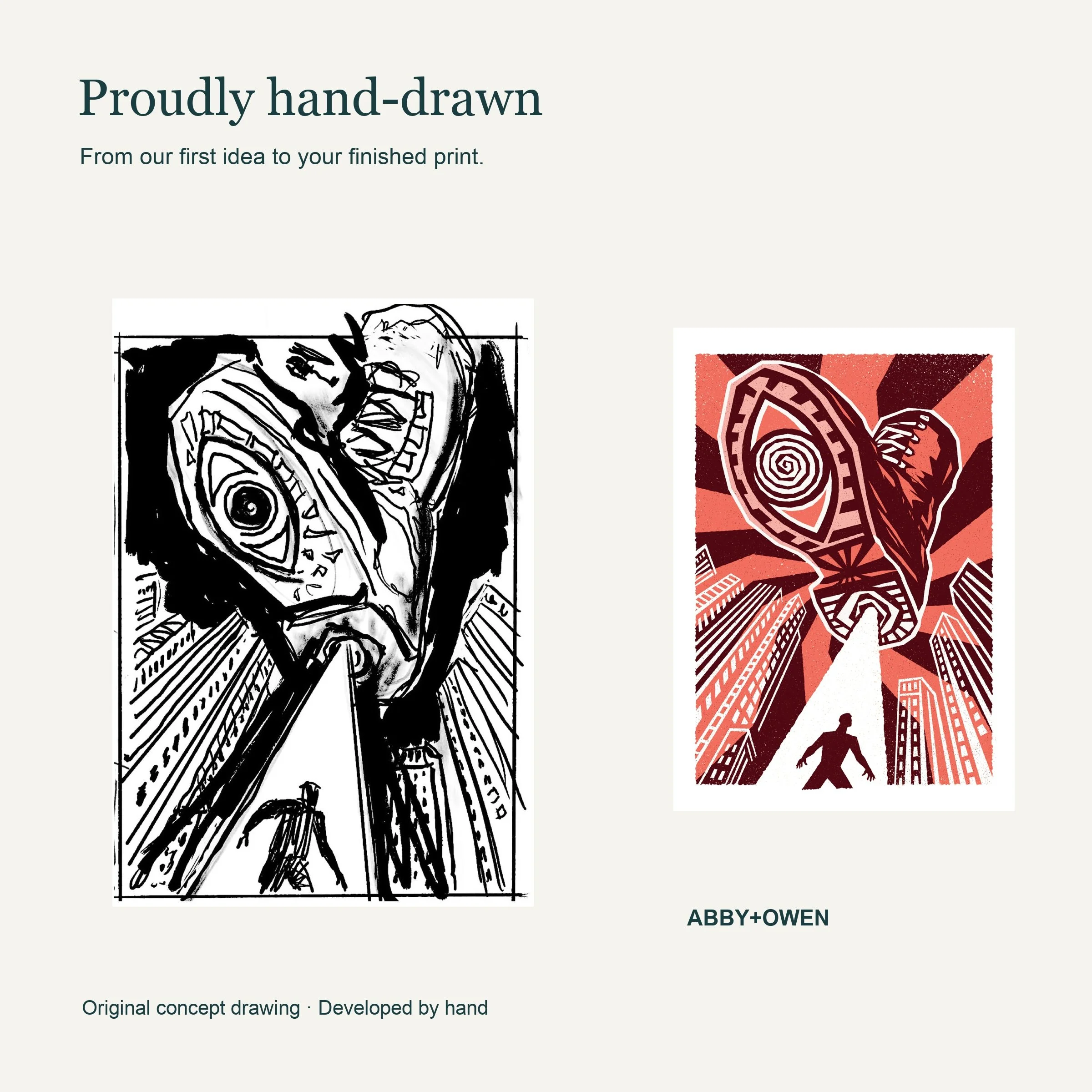 Original hand-drawn concept sketch beside the finished He’s Watching - Watchful Eye Art Print illustration by Abby+Owen.