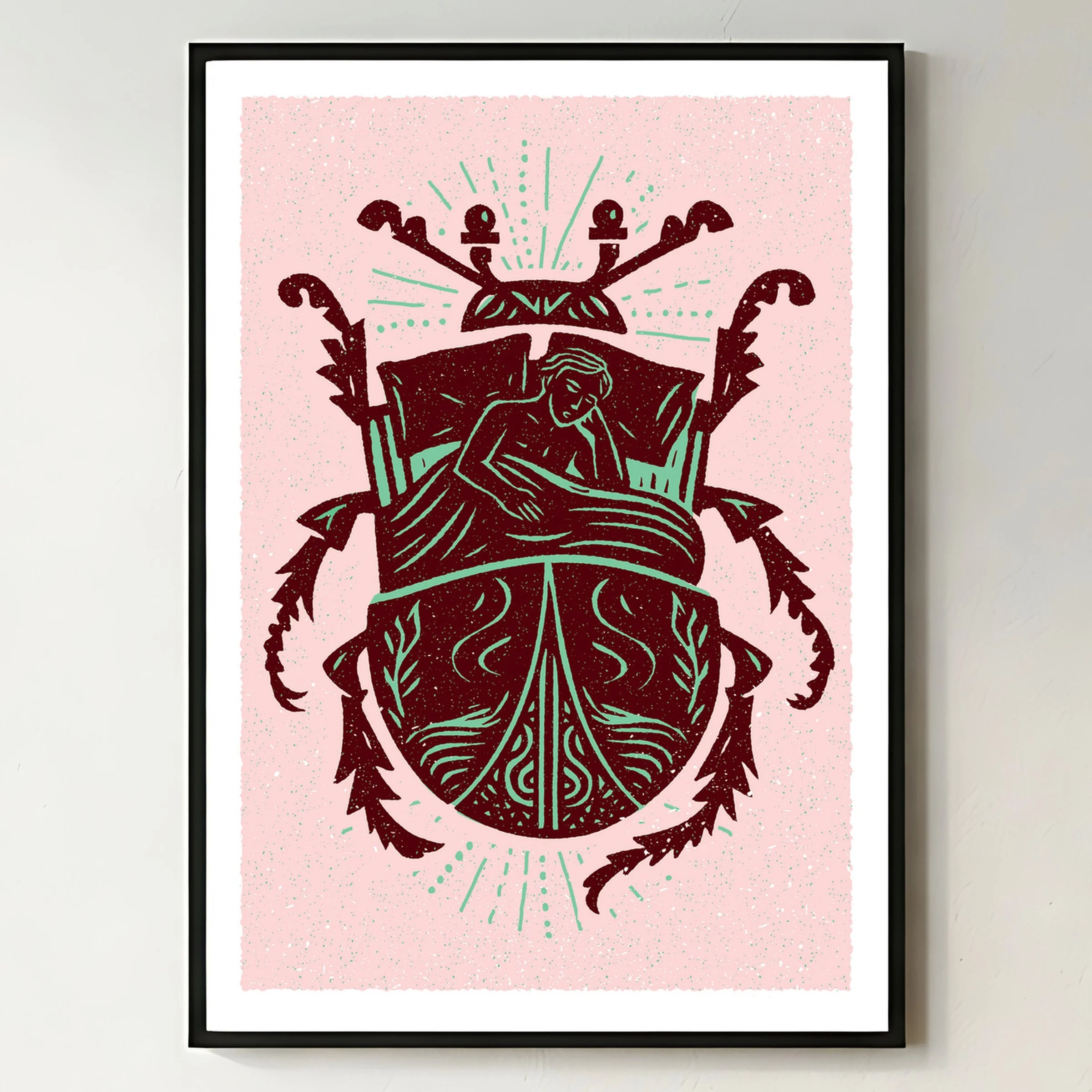 Waking Changed - Metamorphosis Beetle Art Print, shown in a black frame on a bright wall. Print supplied unframed.