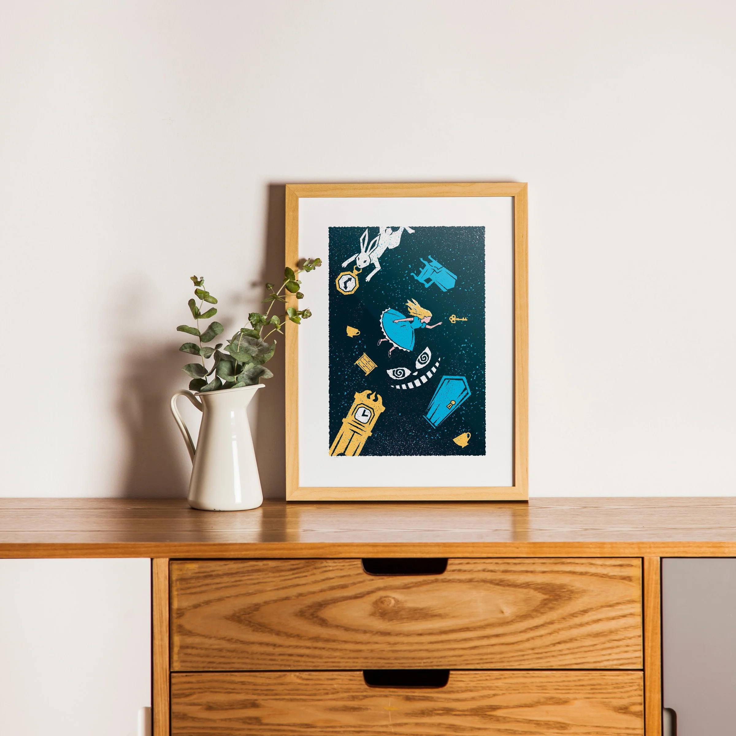 Curiouser and Curiouser - Wonderland Art Print, shown in a oak frame above an oak cabinet. Print supplied unframed.