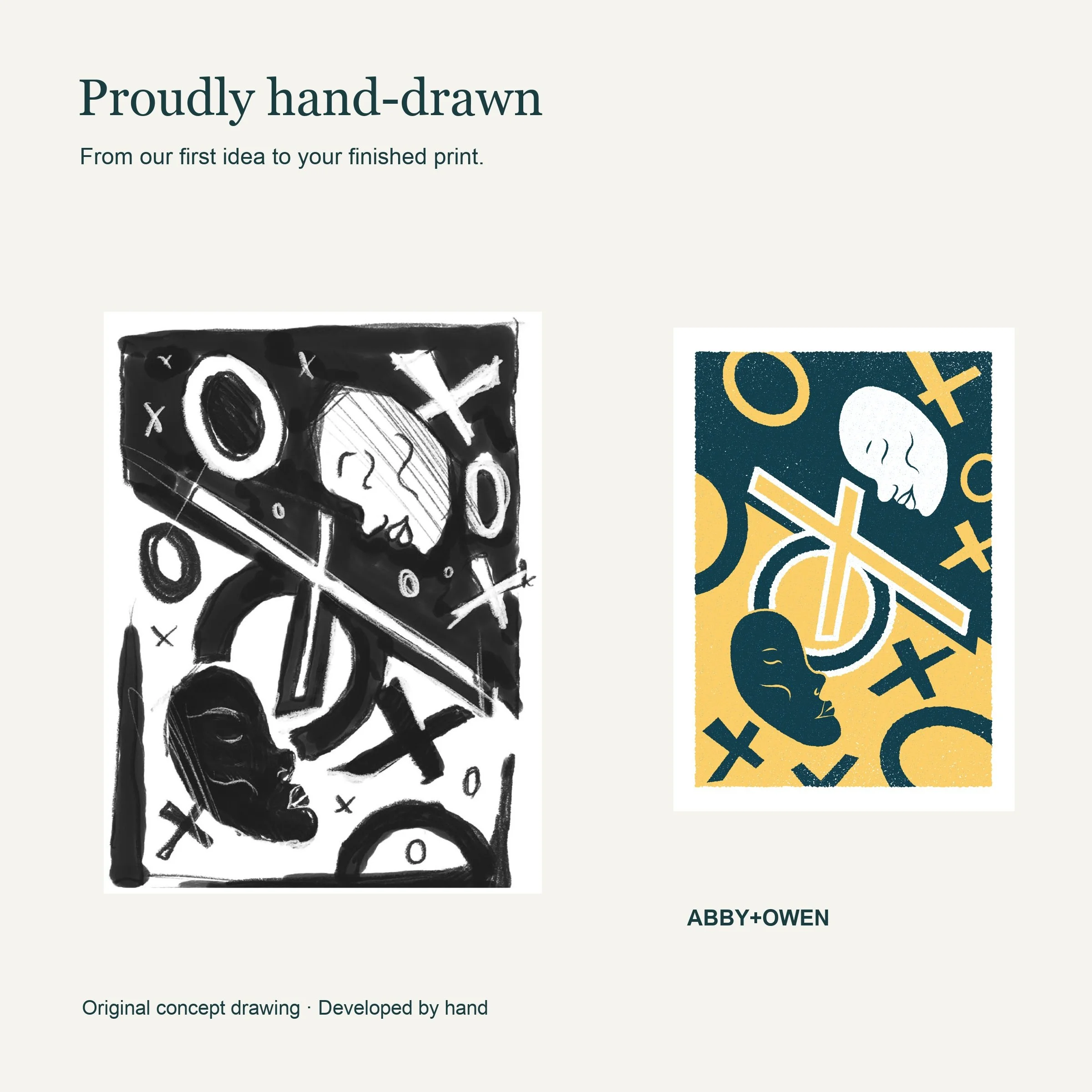 Original hand-drawn concept sketch beside the finished The Dividing Line - Two Faces Art Print illustration by Abby+Owen.