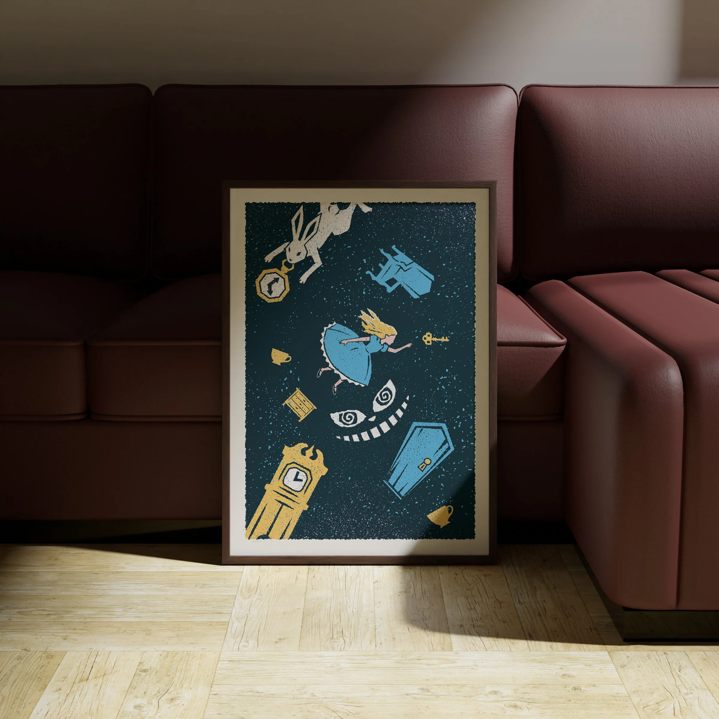 Curiouser and Curiouser - Wonderland Art Print, shown in a dark frame above a warm sofa. Print supplied unframed.