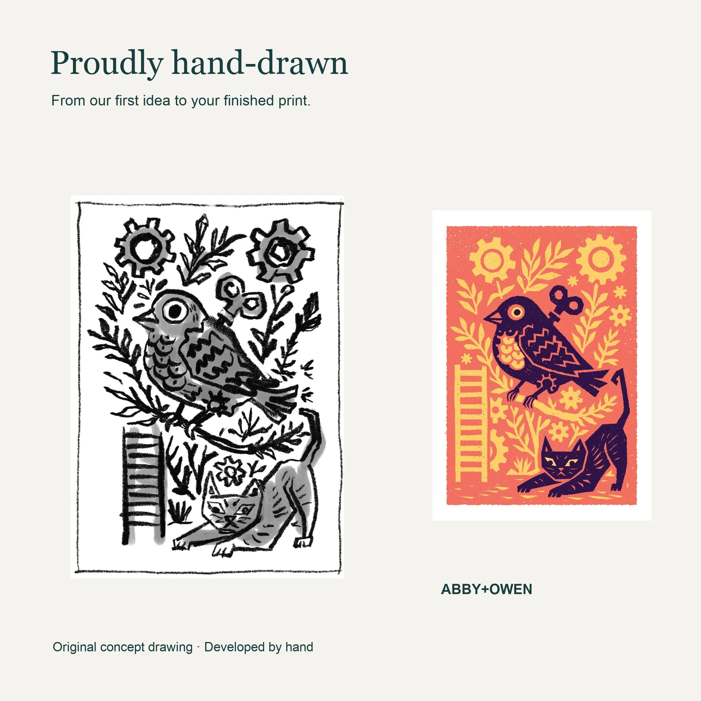 Original hand-drawn concept sketch beside the finished A Slipped Mechanism - Wind-Up Bird Art Print illustration by Abby+Owen.
