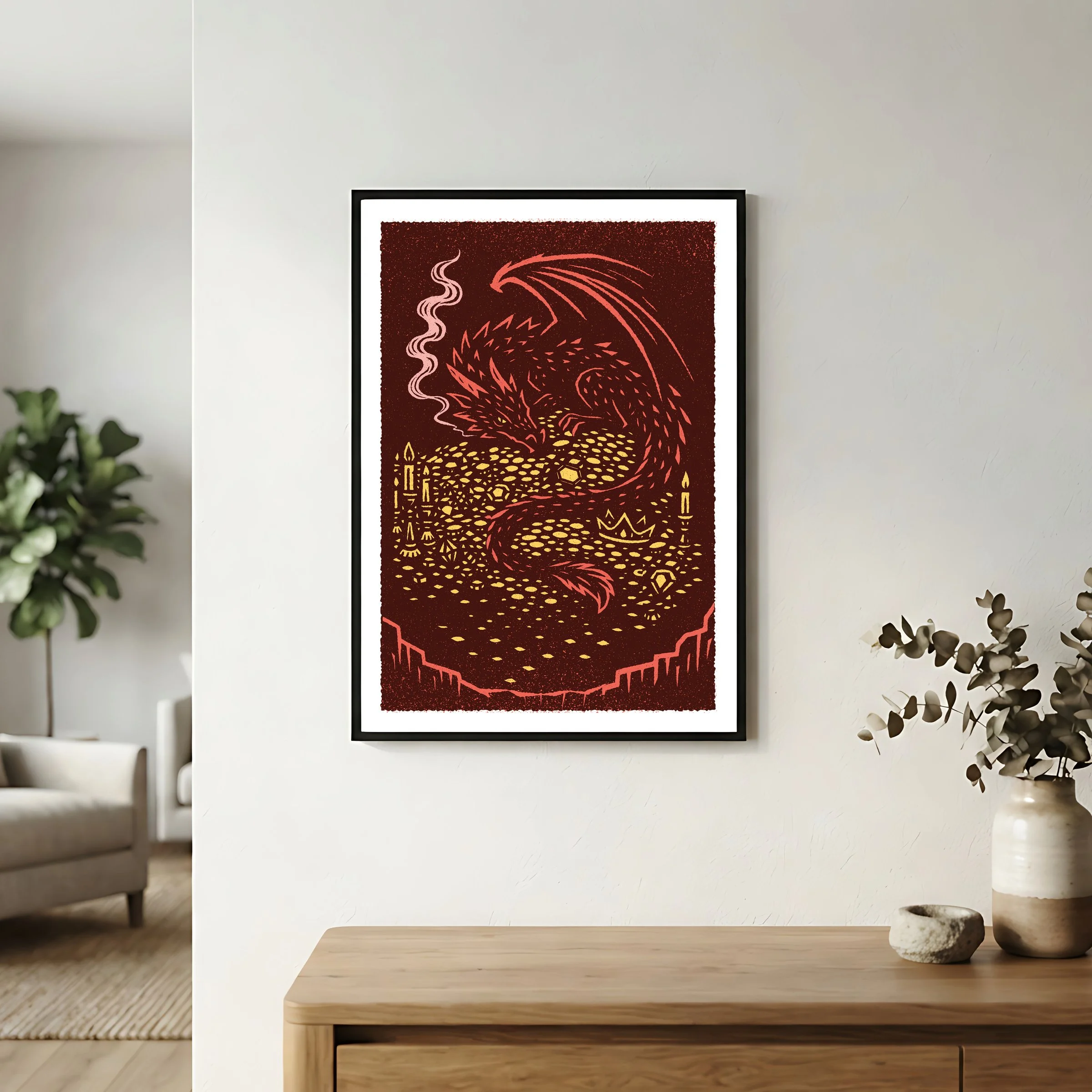 The Hoard - Dragon Art Print, shown in a black frame on a bright wall. Print supplied unframed.