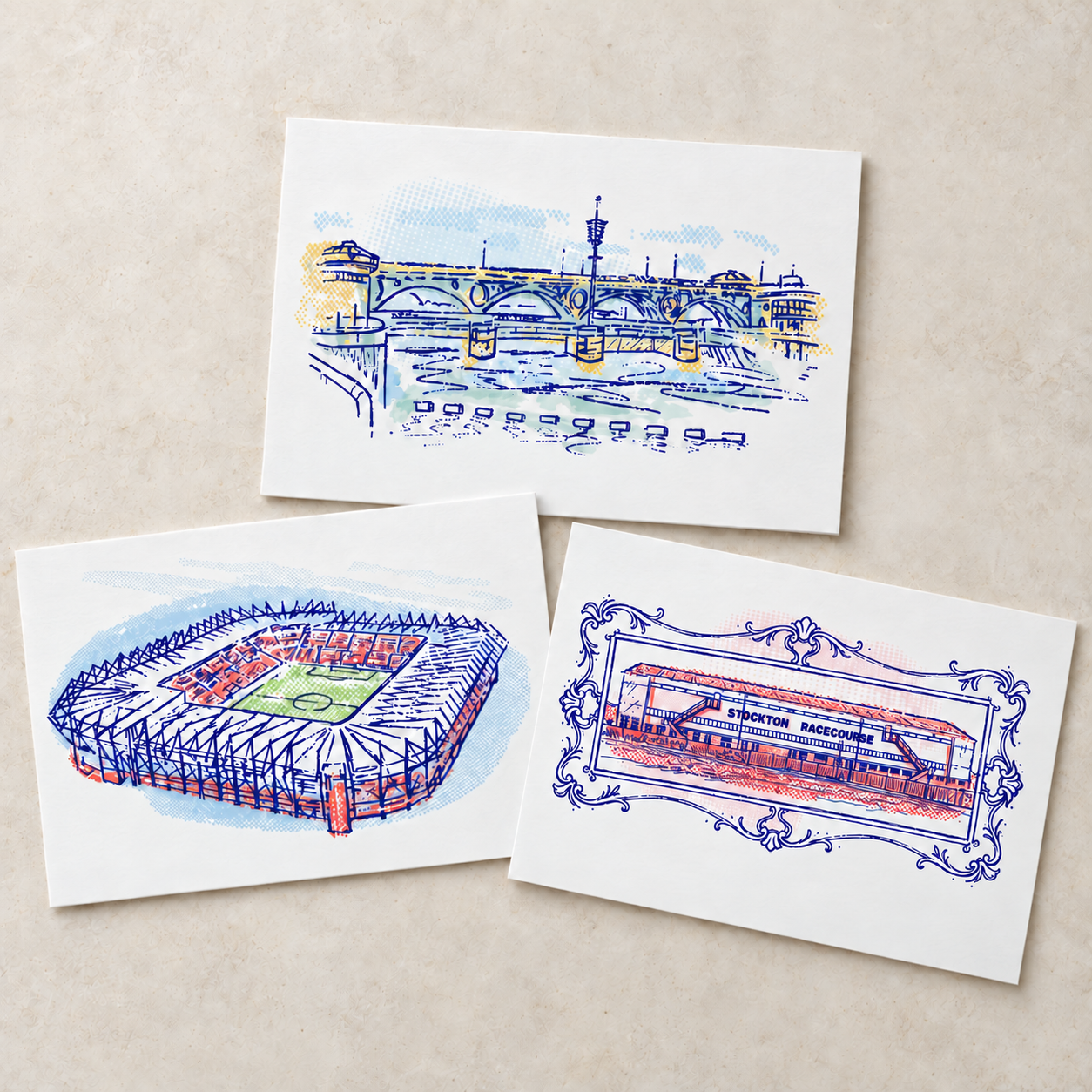 Tees Barrage, Riverside Stadium and Stockton Racecourse A6 postcards in a triangular arrangement on pale stone, with centred illustrations and no signatures.