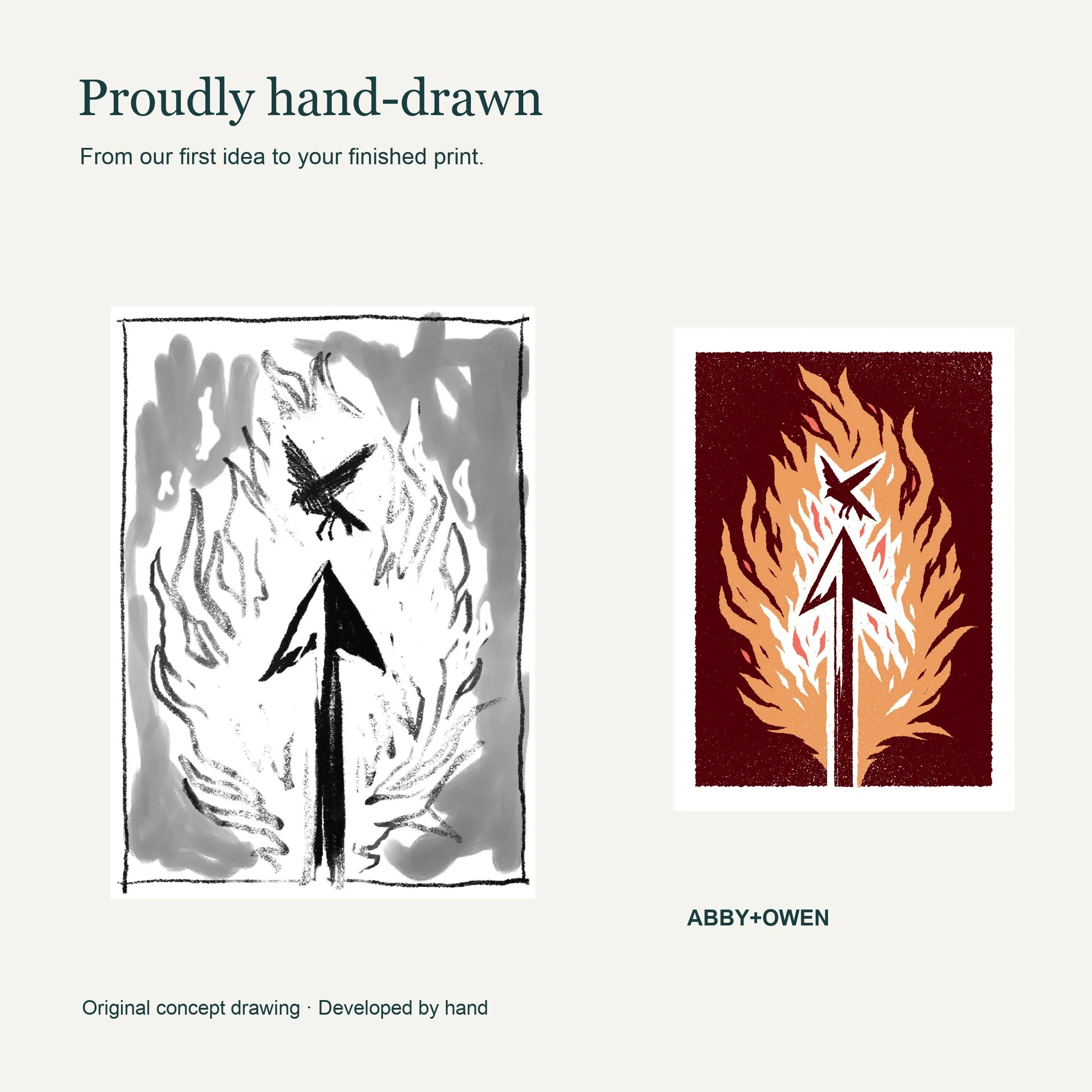 Original hand-drawn concept sketch beside the finished The Shot That Matters - Flaming Arrow Art Print illustration by Abby+Owen.