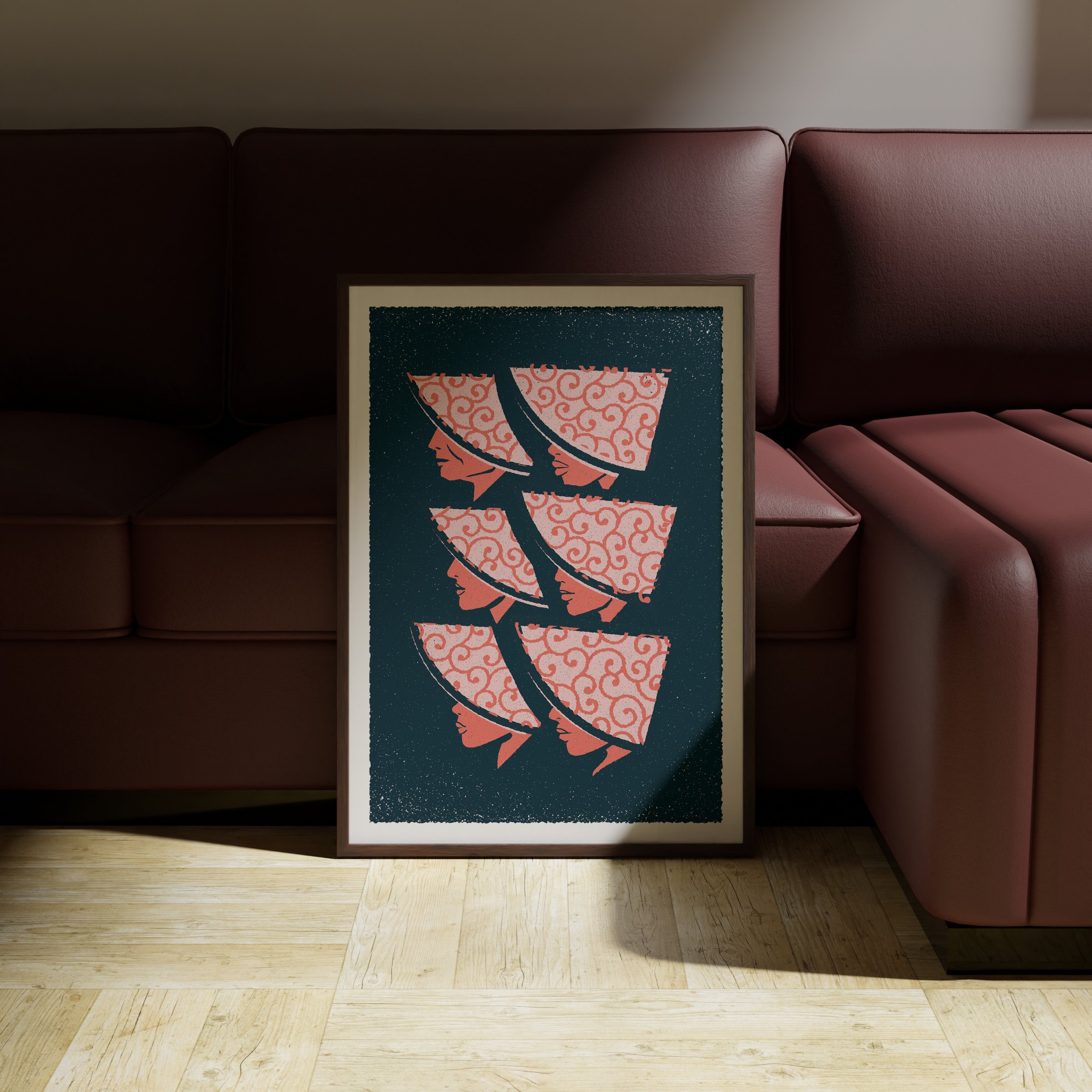 What Is Taken Away - Repeating Profiles Art Print, shown in a dark frame above a warm sofa. Print supplied unframed.