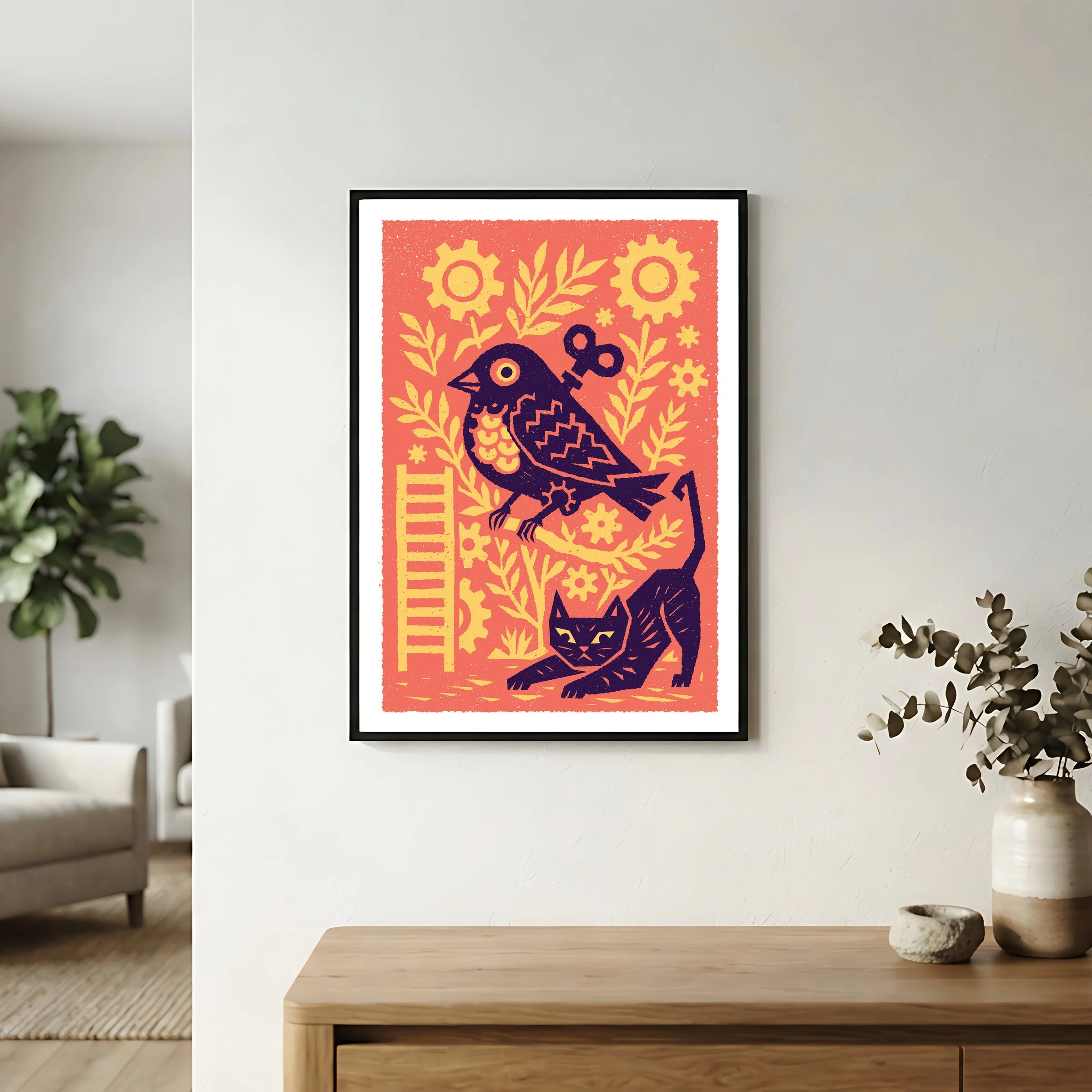 A Slipped Mechanism - Wind-Up Bird Art Print, shown in a black frame on a bright wall. Print supplied unframed.