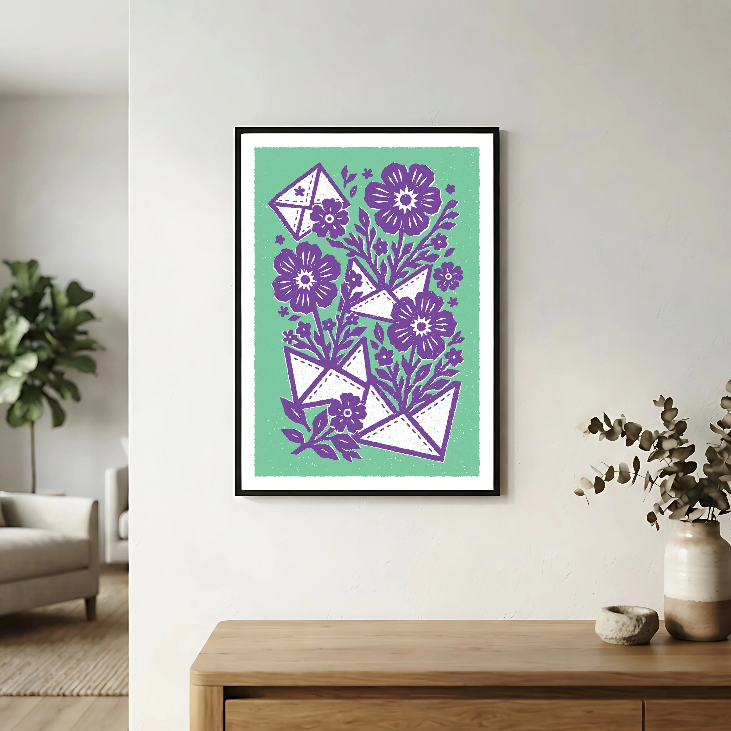 A Colour Worth Noticing - Flowers & Letters Art Print, shown in a black frame on a bright wall. Print supplied unframed.