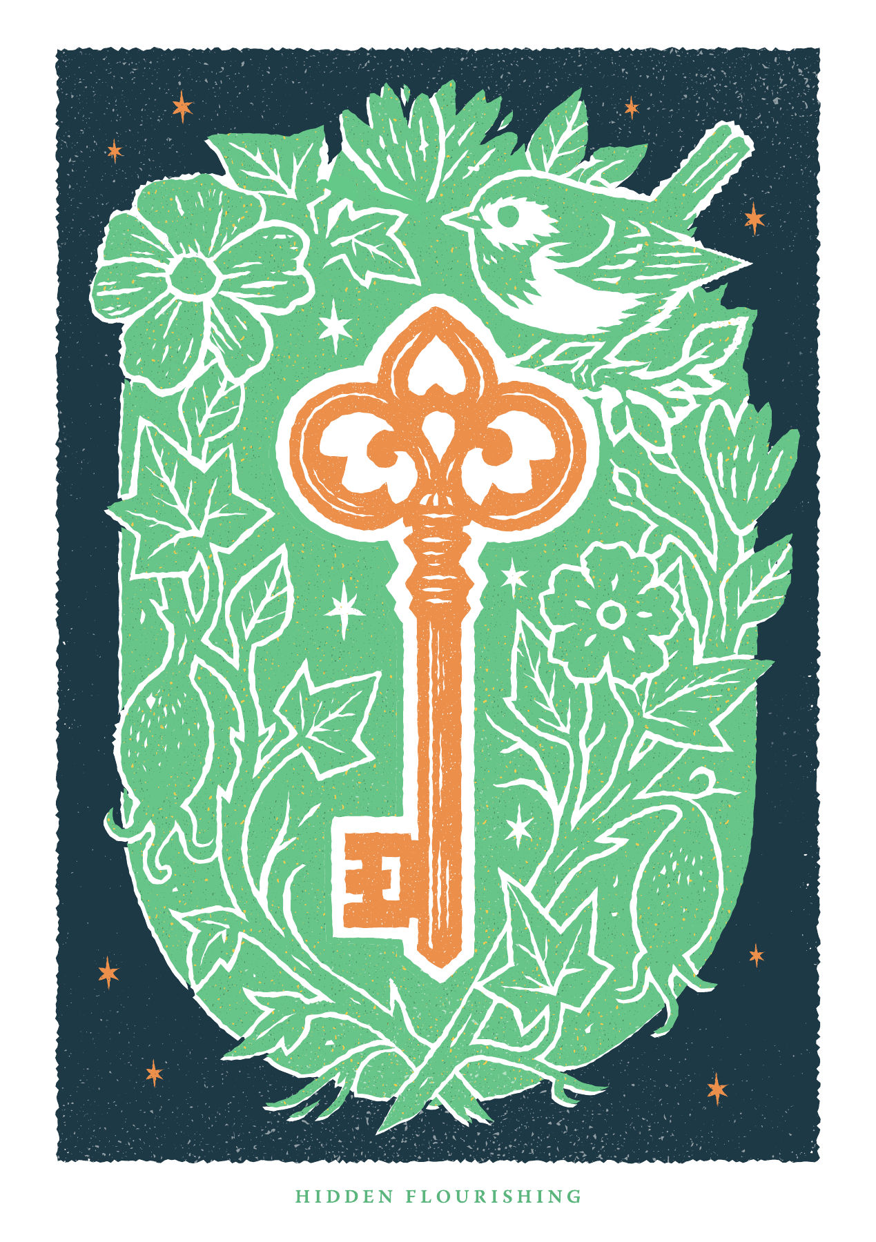 Culture House Sunderland, final literary artwork: a garden key surrounded by birds and leaves.